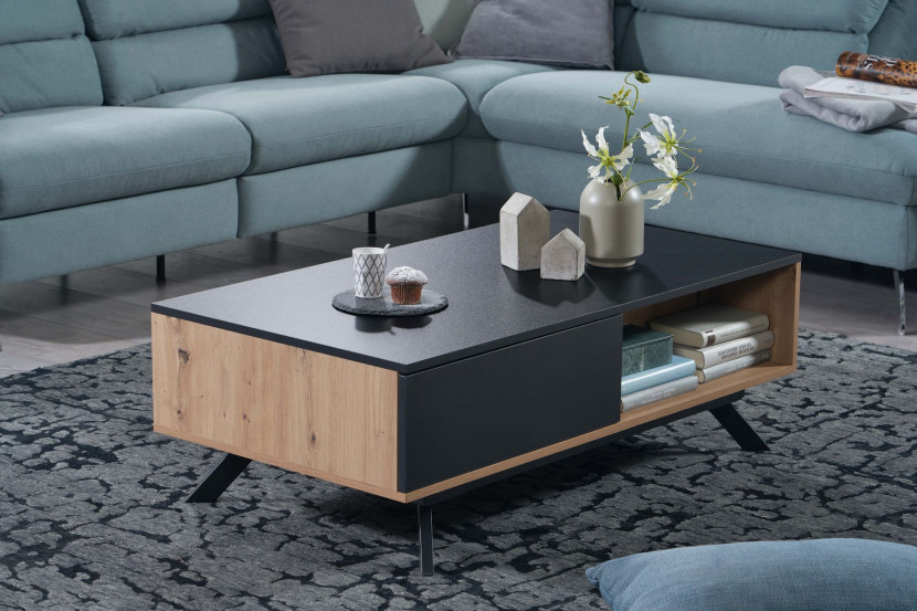 Stolik Kawowy 110 cm MDF Dekor Dąb Czarny Stół do Salonu z Szufladami