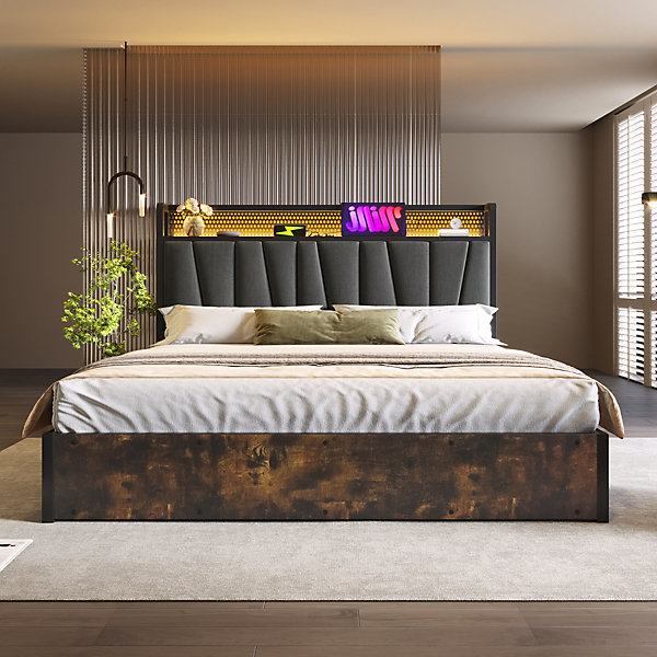 Lit 160x200 cm avec tête de lit LED RGBW, coffre de rangement, cadre métal et revêtement lin gris contemporain