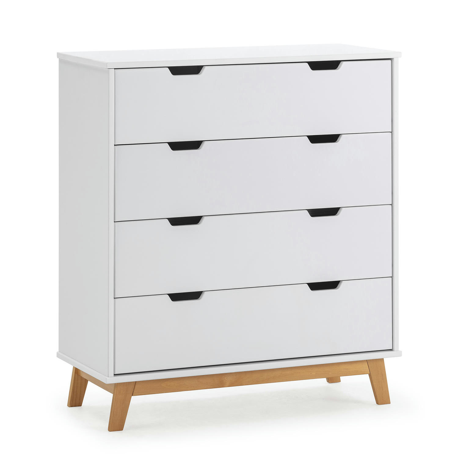 MIRANDA - Commode avec 4 tirois en couleur blanc, pieds en bois naturel