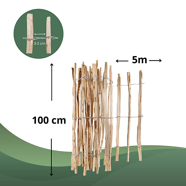 Creative Home Clôture en Bois de Noisetier - 100 cm x 5 m - Clôture en Rouleau avec Espacement de 3-5 cm - Bordure de Jardin