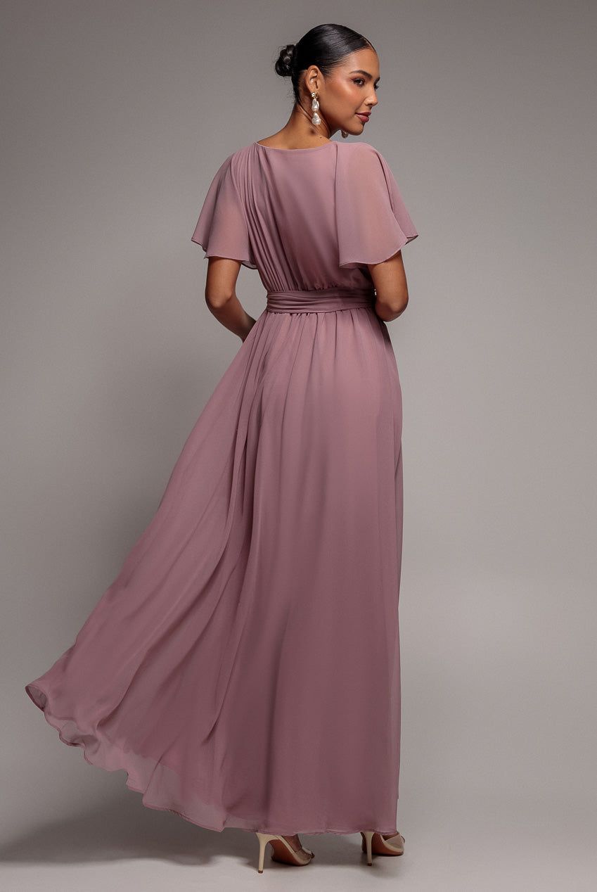 Goddiva Chiffon Flutter Sleeve Wrap Maxi Dress