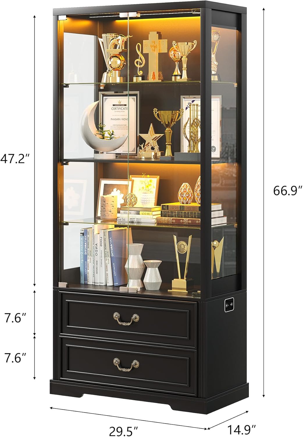FREDEES Display Cabinet with Glass Doors,67 Adjustable Display Shelf with 2 Drawers and 4 Tier Curio Cabinet,Tall Bookcase with 3 Color Lights and Human Body Sensor for Toys,Books（Black）