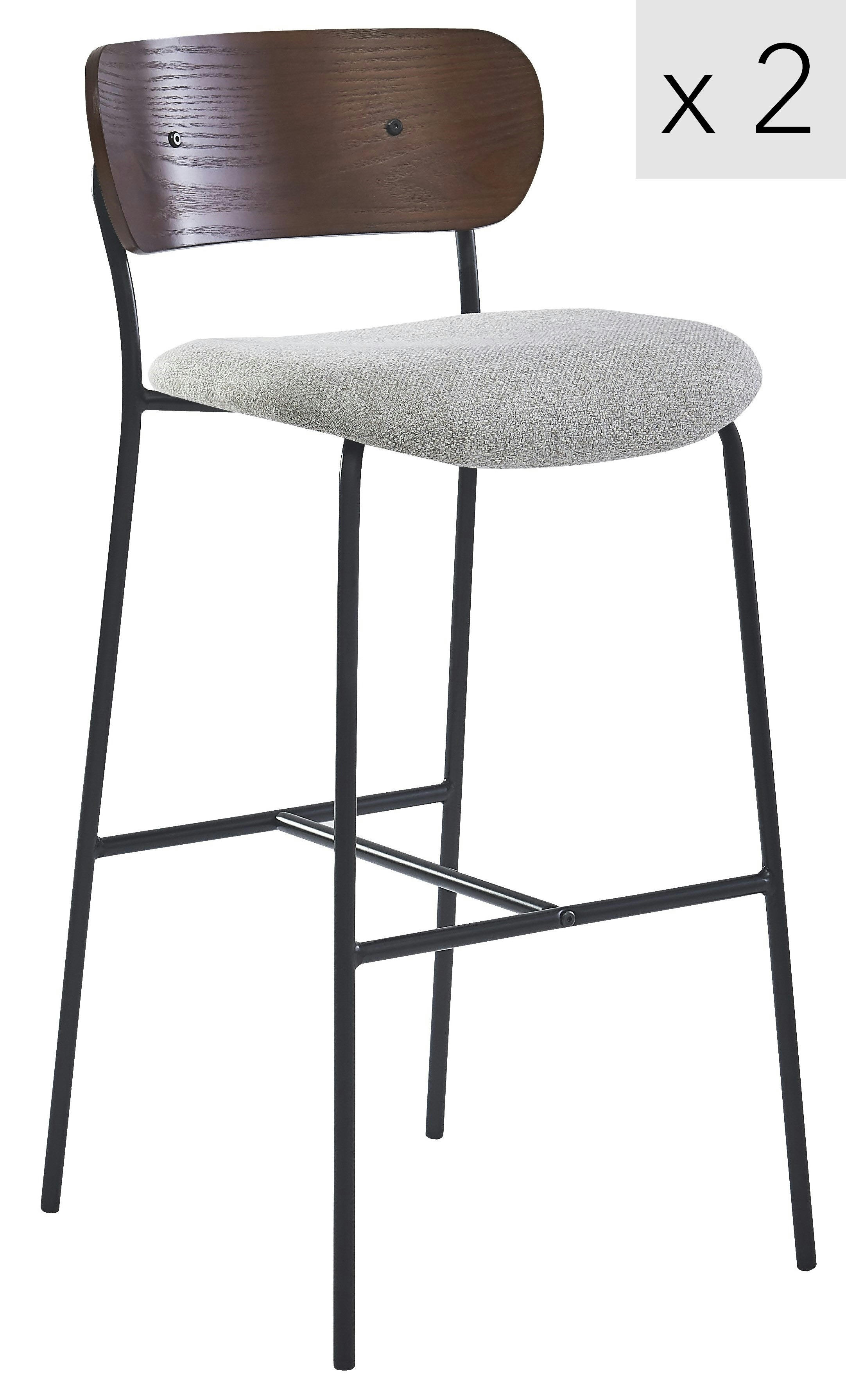 - Lot de 2 tabourets de bar en métal et frêne tissu gris