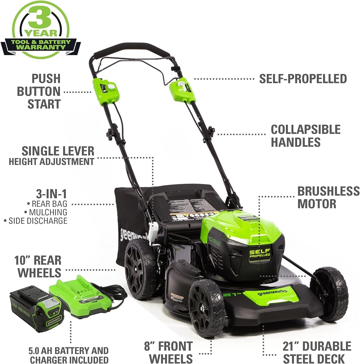Greenworks 40V 21 Self-Propelled Lawn Mower Axial Leaf Blower(500 CFM / 120 MPH) 13 String Trimmer with 2 Batteries(5Ah+2Ah) & Chargers