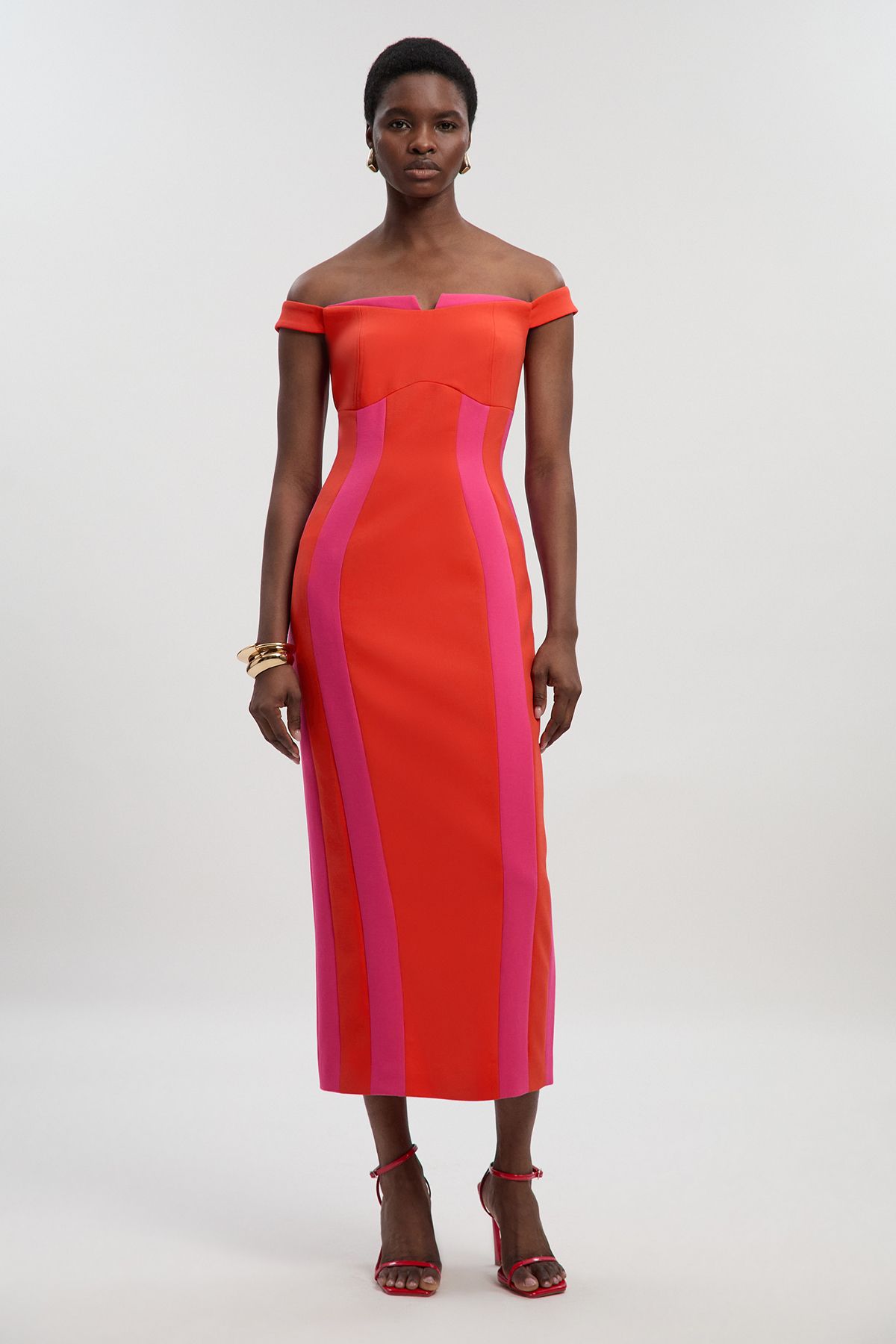 KarenMillen Compact Stretch Colour Block Tailored Bardot Midi Dress