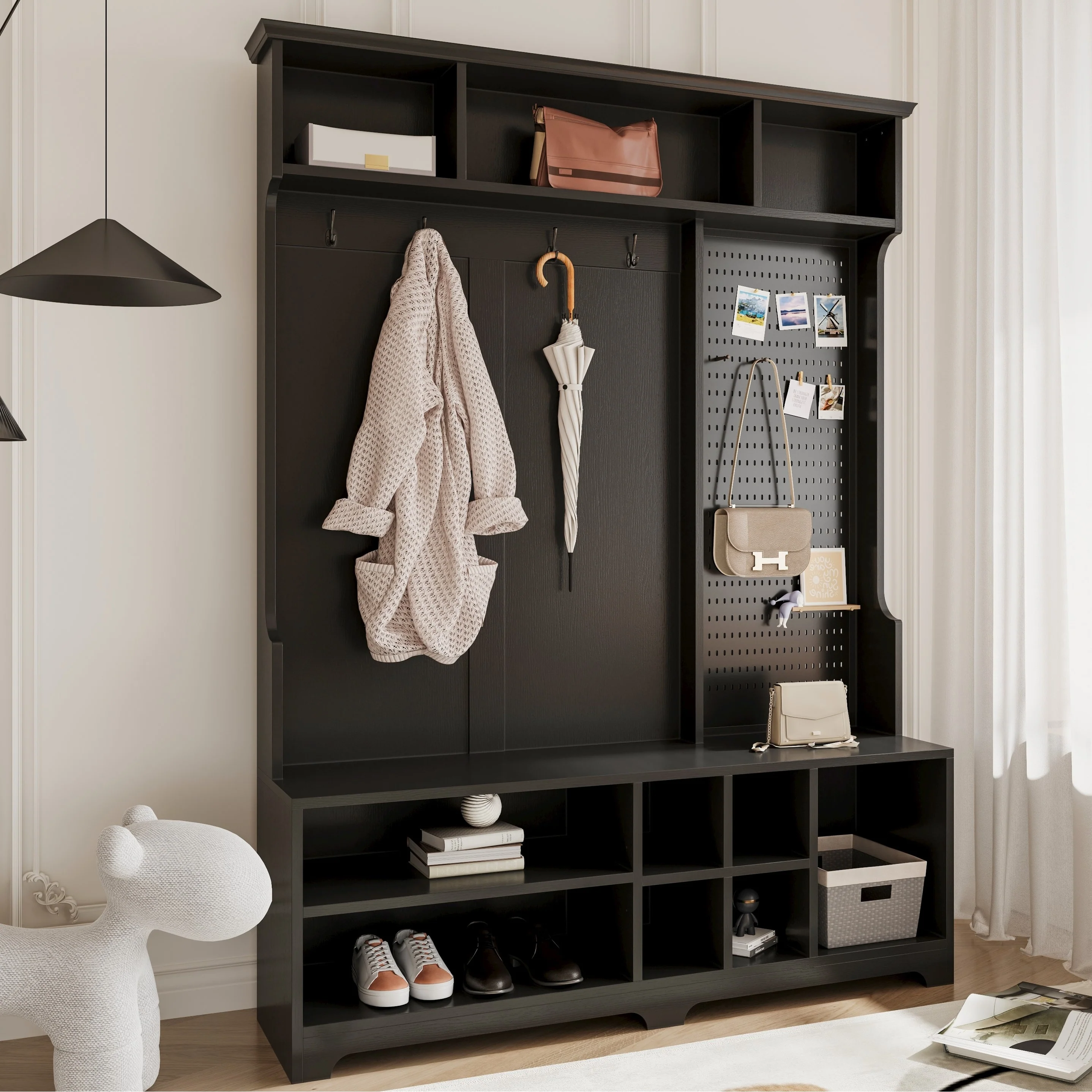 Modern Style Coat Rack with Shoe Bench, Shoe Storage, Storage Shelves and Pegboard, for Entrance and Hallway, Living Room