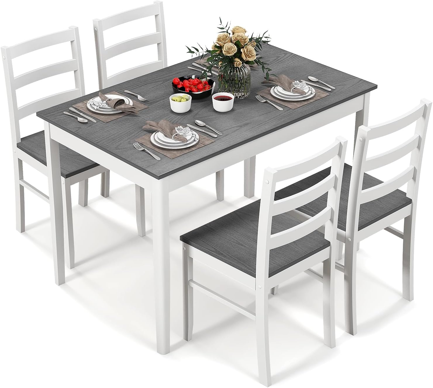 COSTWAY Dining Table Set for 4, Wood Kitchen Table Chairs Set with Rubber Wood Legs, Space-Saving Design, Modern 5-Piece Dinette Set for Small Place, Kitchen, Dining Room, Restaurant (Grey)