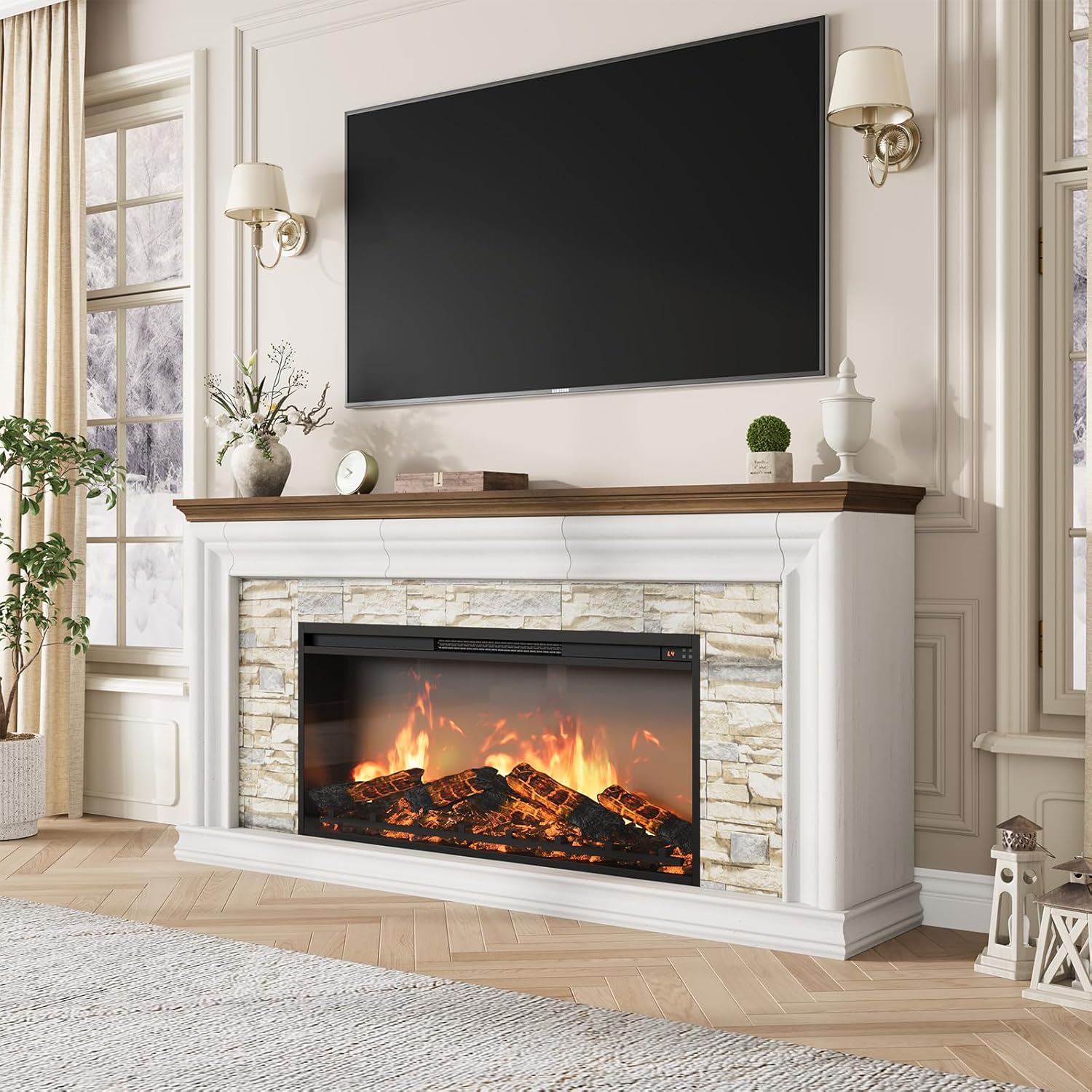 QUW 70 Fireplace TV Stand Up to 80 TVs, 42 Modern Electric Fireplace with Mantel, Farmhouse Entertainment Center with Concealed 3 Drawers for Living Room, Adjustable Brightness & Low Noise, White