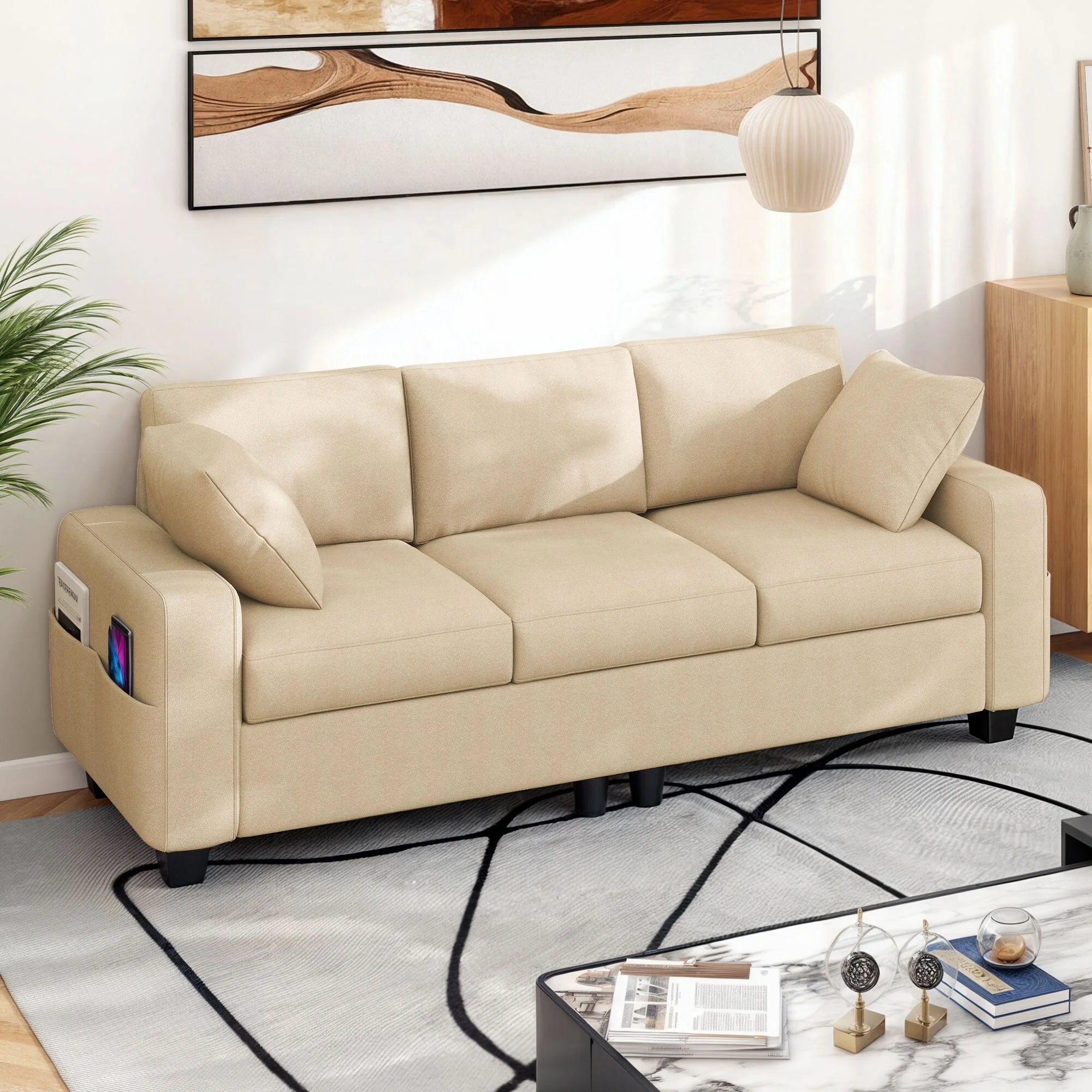 Moasis 80 3-seater Upholstered Sofa 2 Pillows Couches with Side Pockets for Living Room