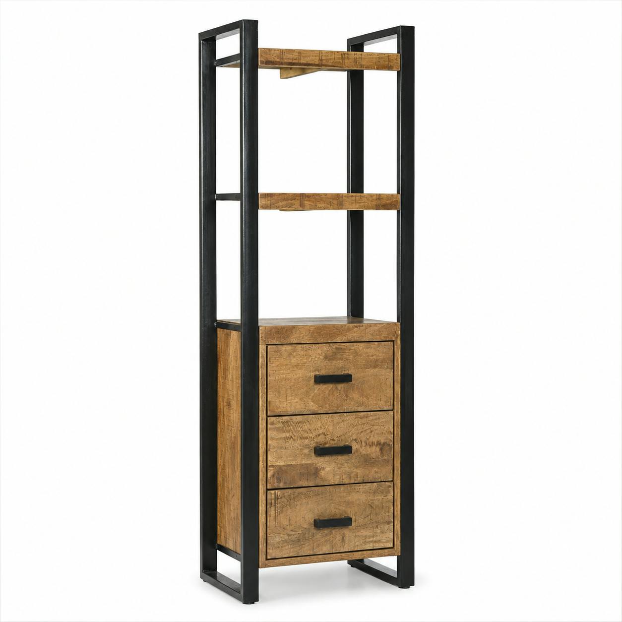 Colonne rangement bois métal 3 tiroirs 2 plateaux KARGO