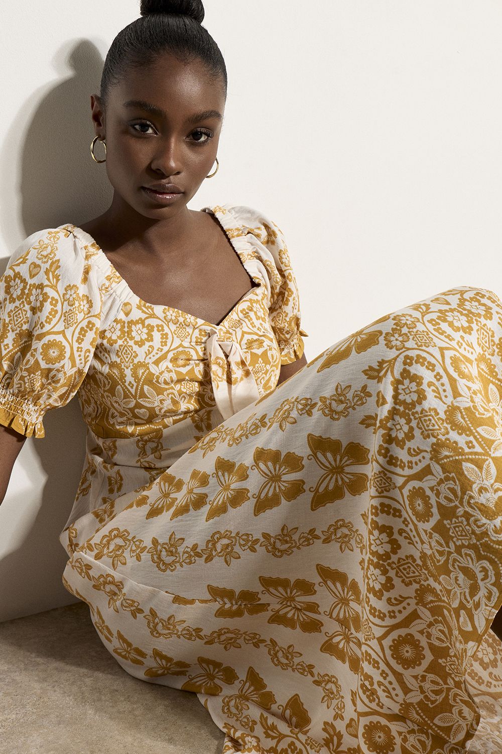 Apricot Butterfly Border Print Midi Dress