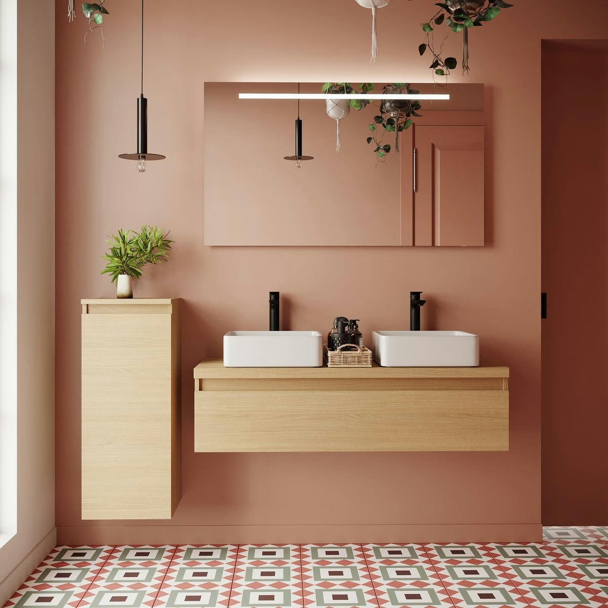 HUDSON - Meuble salle de bain 2 vasques posées 120cm 1 tiroir Chêne