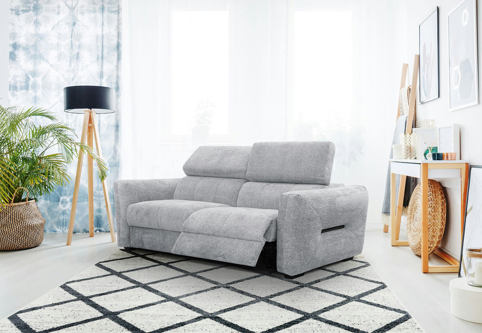 CALVERA - Canapé droit 3 places avec relax électrique à droit tissu gris clair