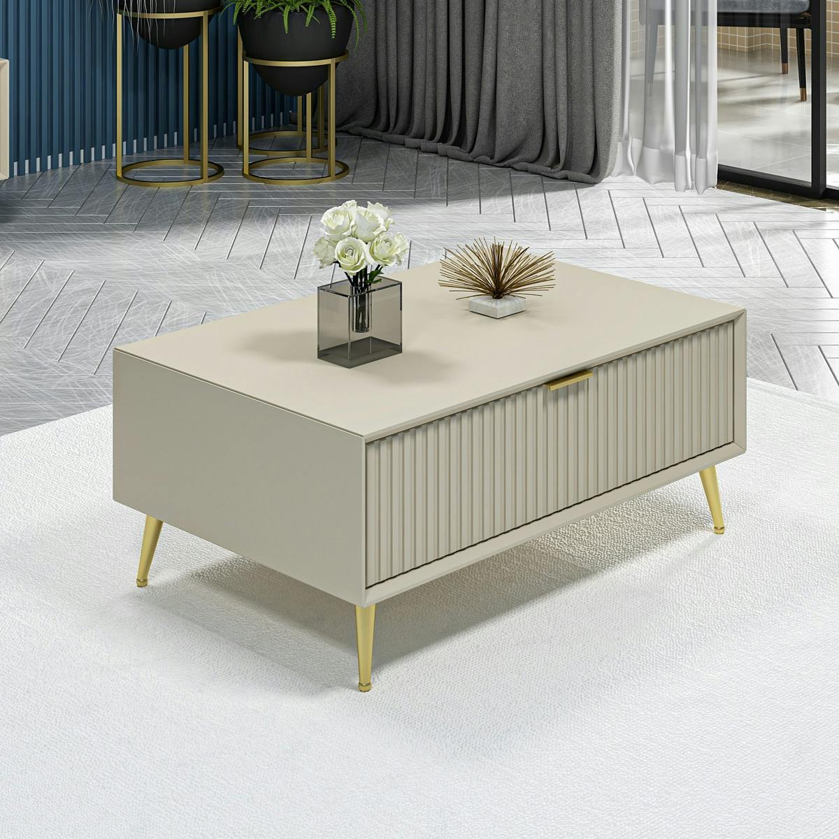 Table basse rectangulaire beige, 1 niche rainurée fermée JENA