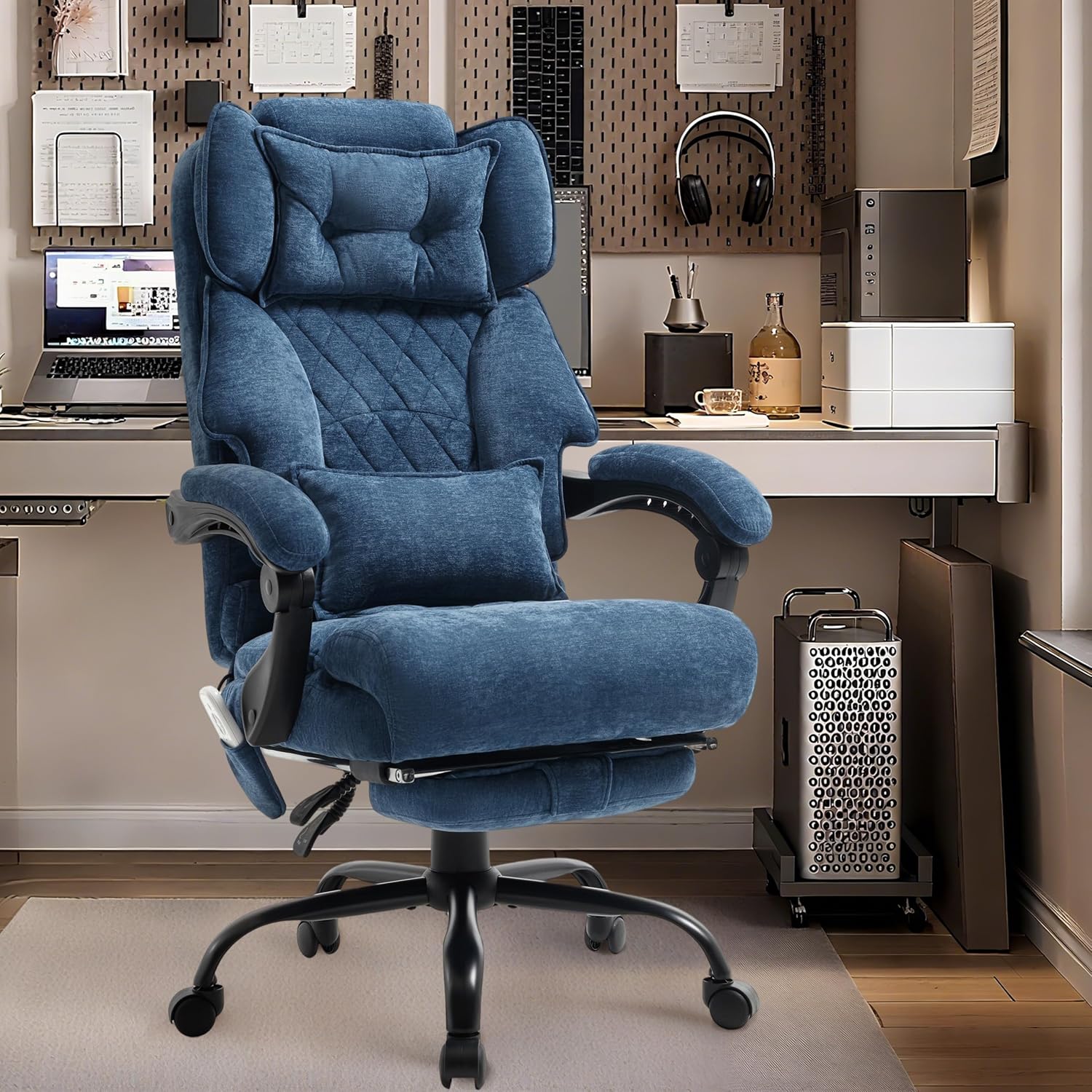 Massage Office Chair with Foot Rest,6 Points Vibration & Heat Executive Office Chairs for Heavy People,500LBS Big and Tall Office Chair,Ergonomic Reclining Desk Chair,Dual-Use Pillow,Home Office,Blue
