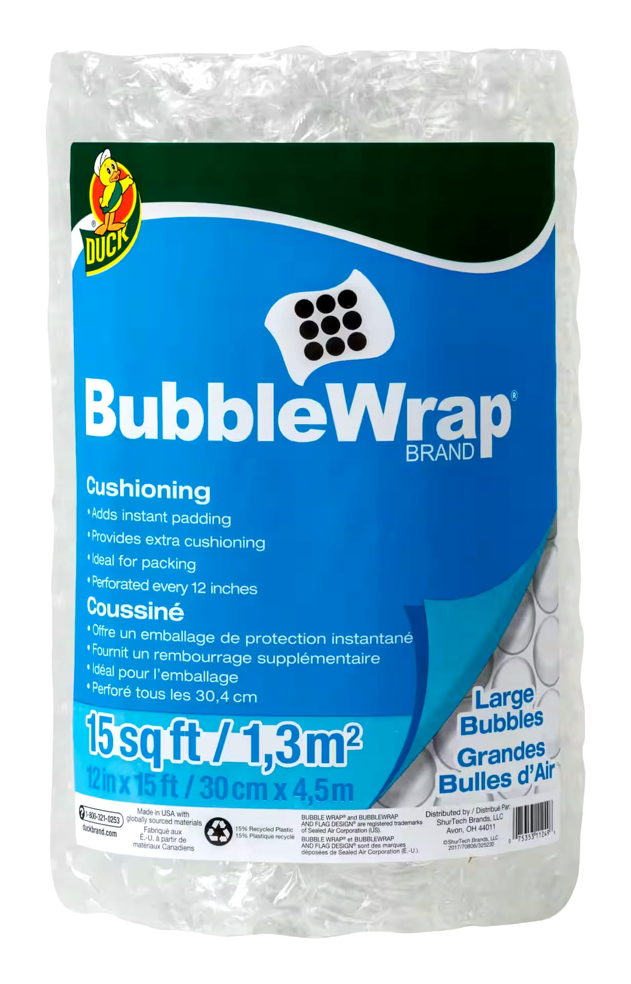 Duck Large Bubble Wrap Protective Packaging For Mailing, Moving, Storage, 12-in x 15-ft