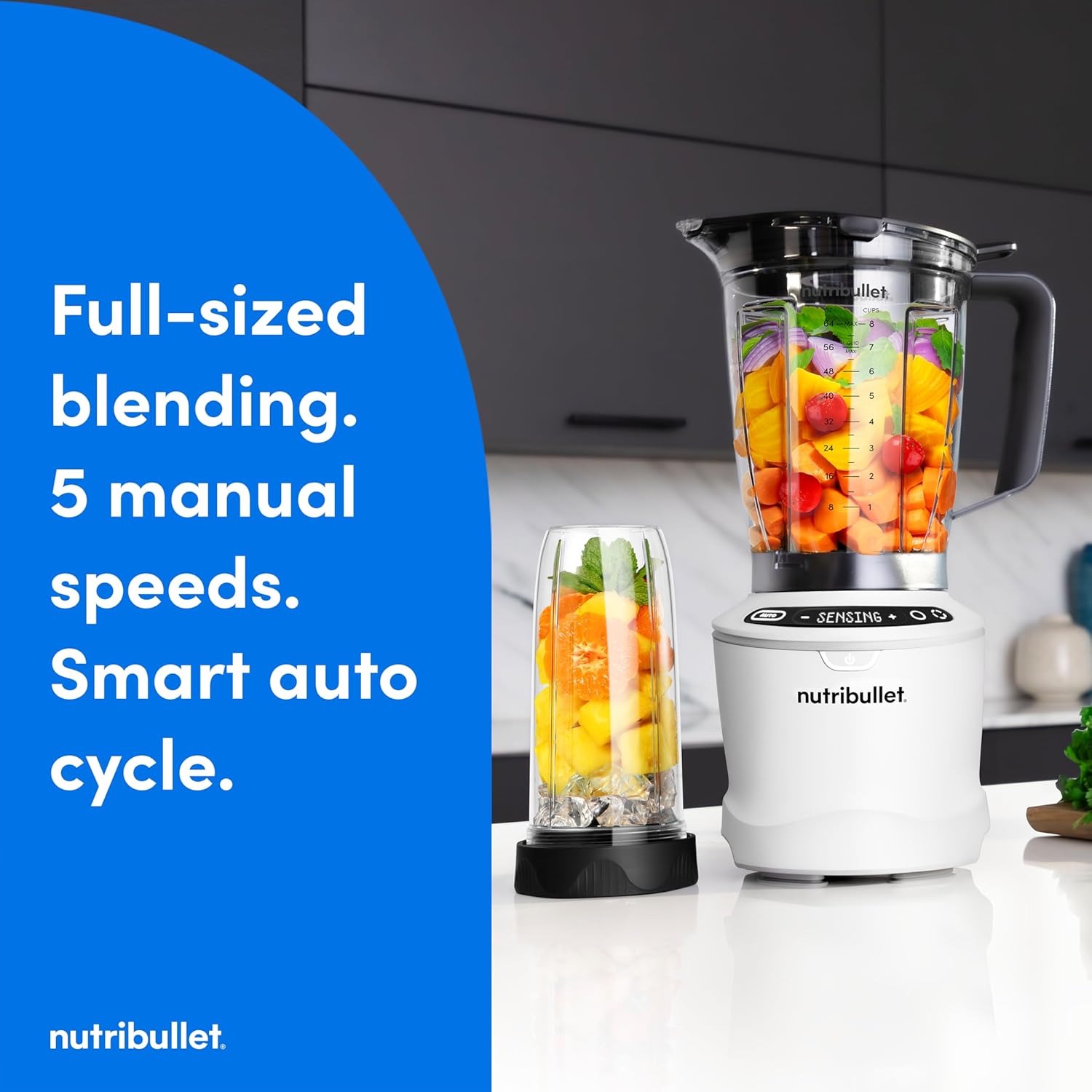 nutribullet SmartSense Blender Combo, 1400W, 64oz Pitcher, 32oz & 24oz Cups, 5-Speed, Smoothies, Ice and Frozen Fruit, Nut Milk, Soup, Matte White, NBF50700AW