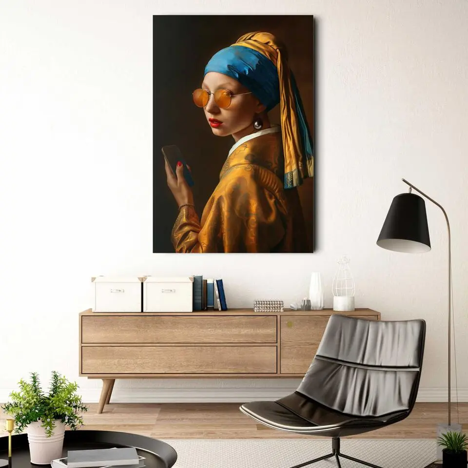 Glasschilderij Modern meisje met de parel - 116 x 78 - Oranje