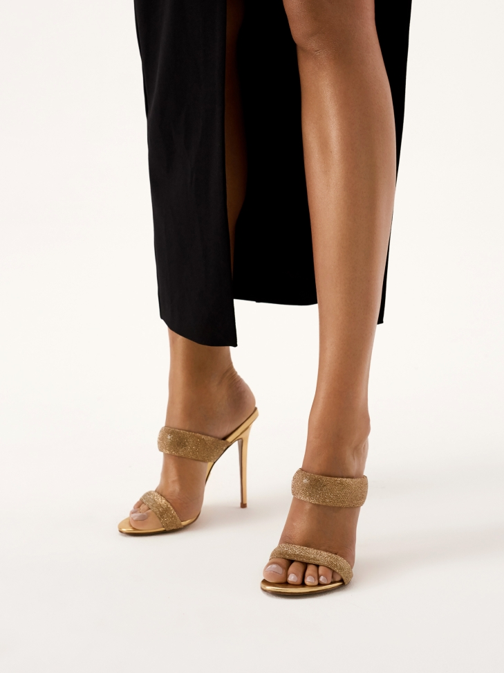 Heeled mules with soft glitter straps