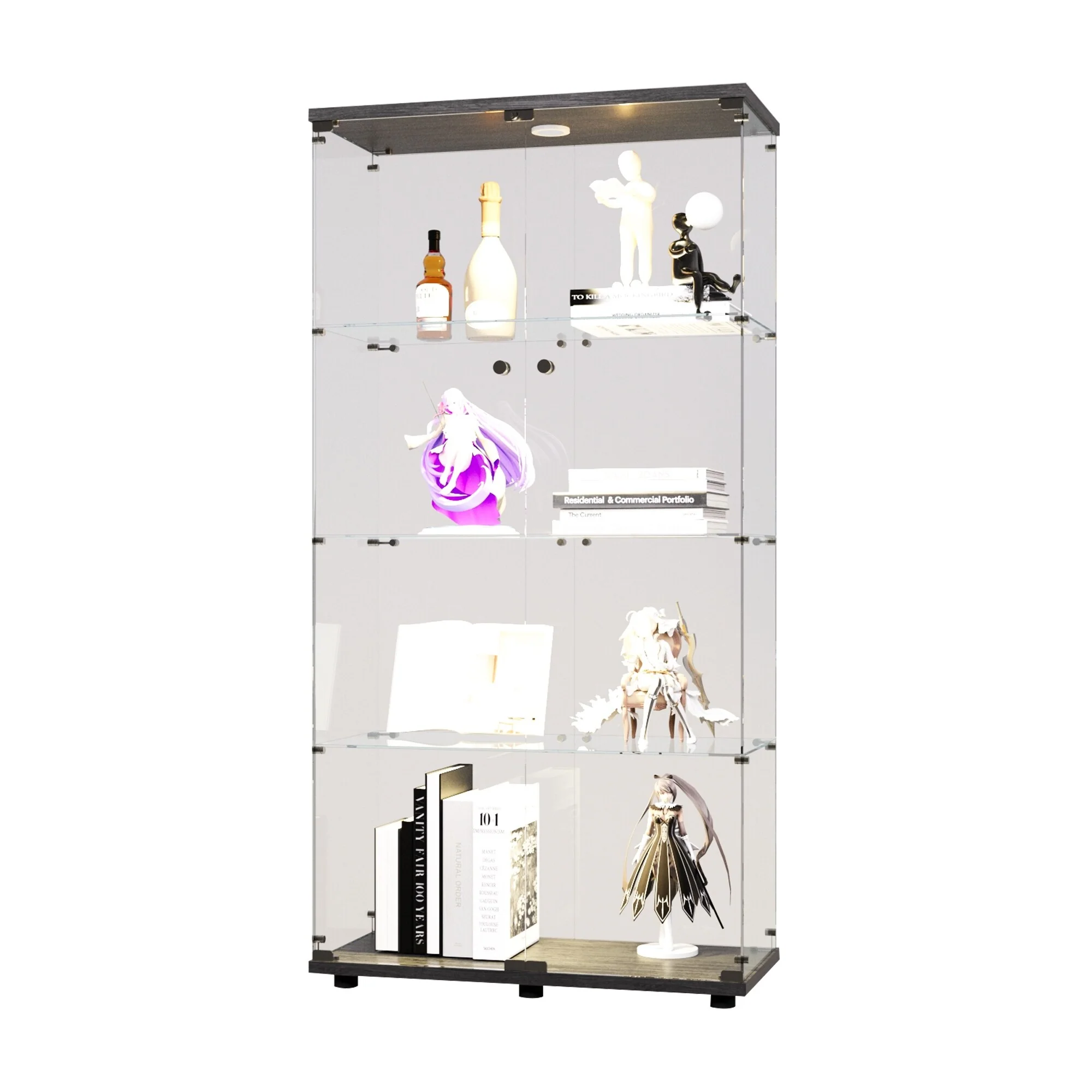 Two-door LED lights Glass Display Cabinet 4 Shelves with Door