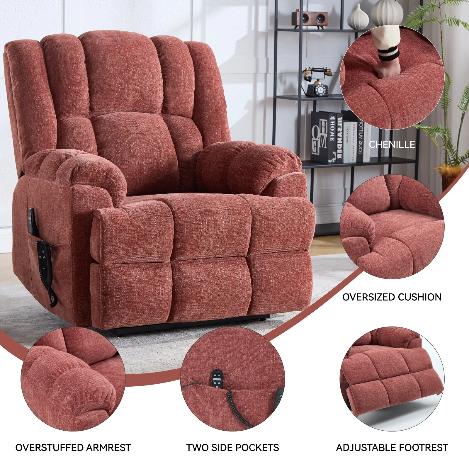 Lazy Boy Dual Motor Power Lift Chenille Recliner Chair with Massage and Heat & Power-Remote, Infinite Position