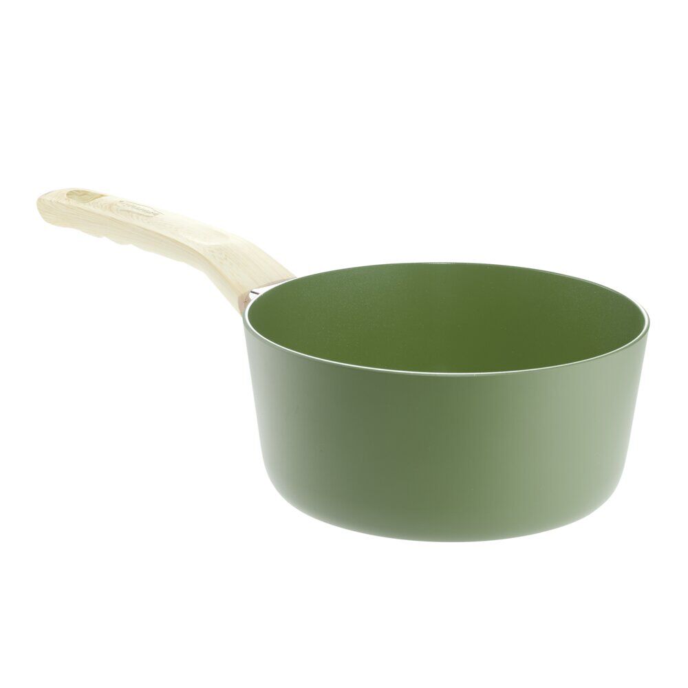 Casserole revêtement céramique vert olive poignée effet bois Ø18cm tous feux