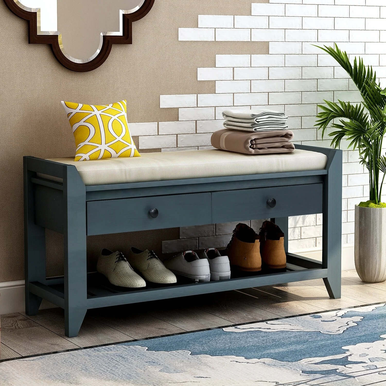 Shoe Rack with Cushioned Seat and Drawers, Multipurpose Entryway Storage Bench
