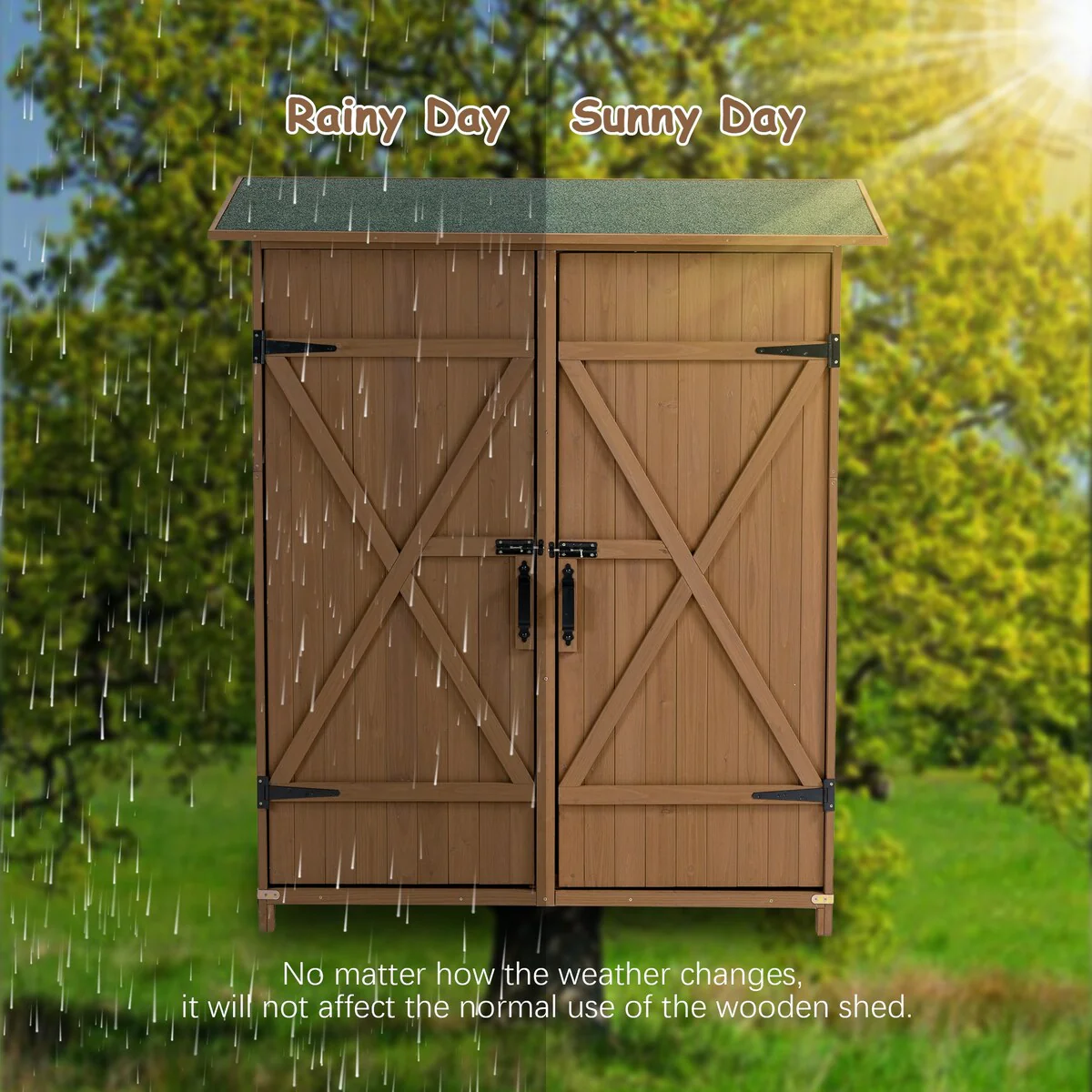 Outdoor Storage Shed with Lockable Door, Wooden Tool Storage Shed w/Detachable Shelves & Pitch Roof