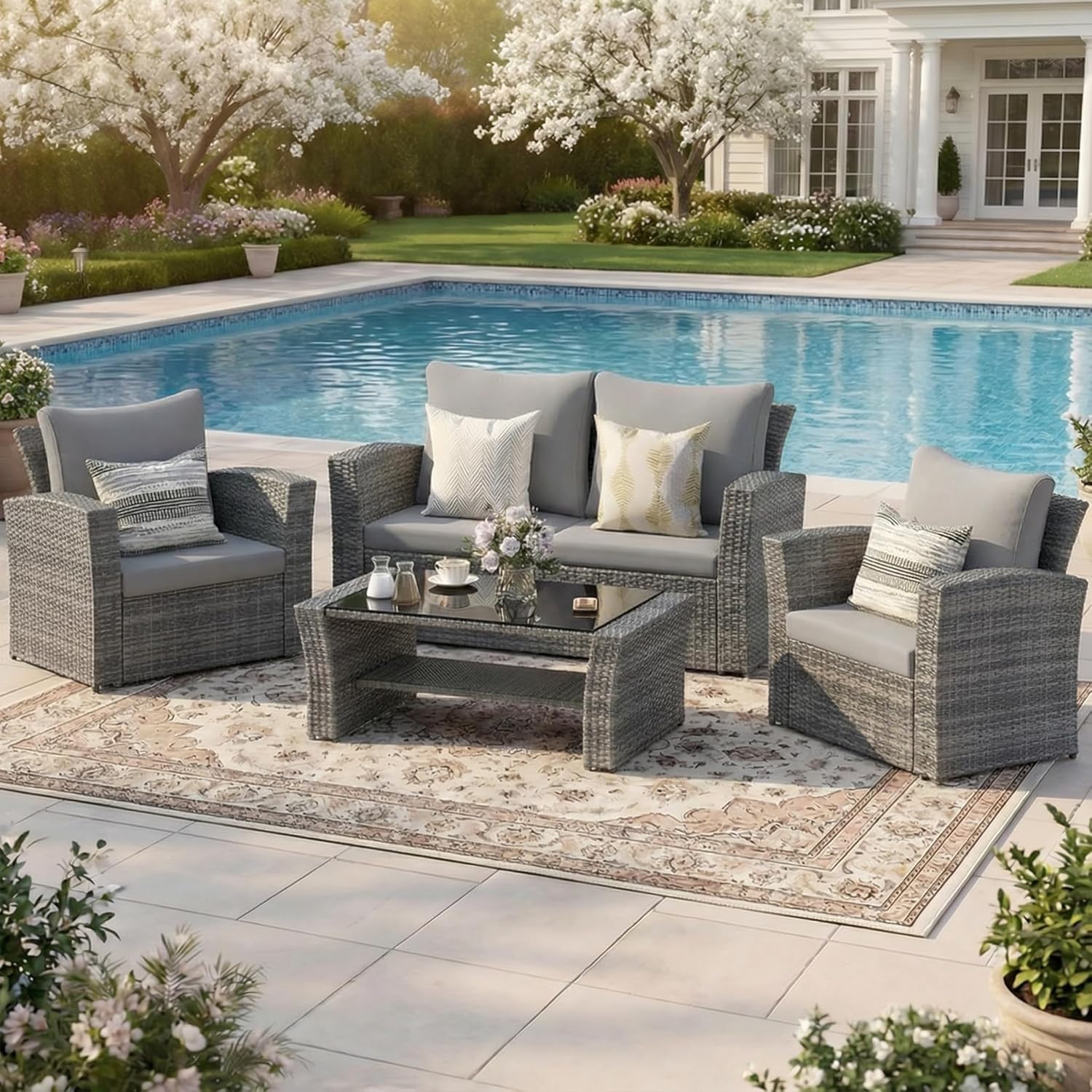 Wisteria Lane 4 Piece Patio Furniture Set  Wicker Outdoor Patio Conversation Furniture Set  All Weather Outdoor Patio Sofa with Cushion and Glass Table  Ash Gray