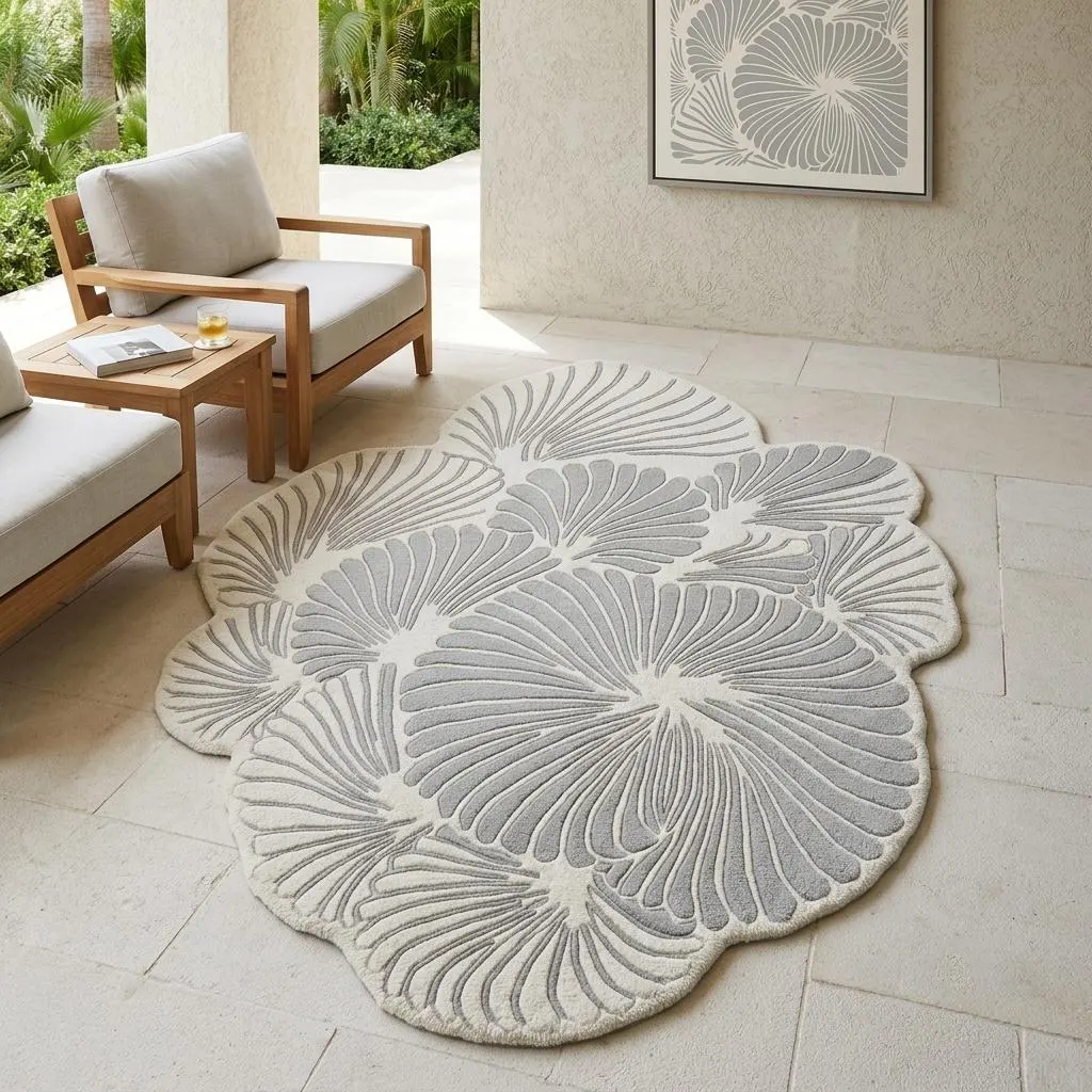 Hand Tufted Wool Rug, Abstract Floral Shape, Cream Grey Botanical Texture, Living Room Art