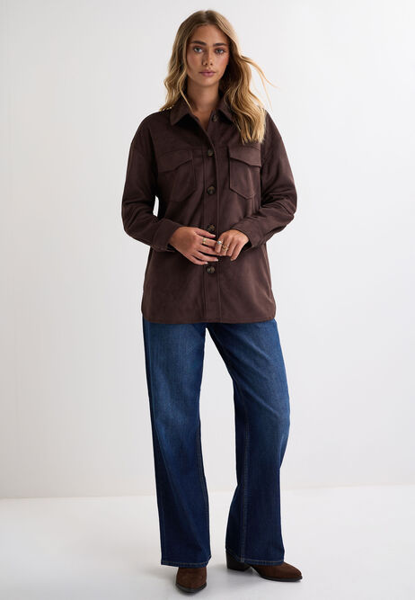 Womens Chocolate Brown Suedette Shirt Jacket