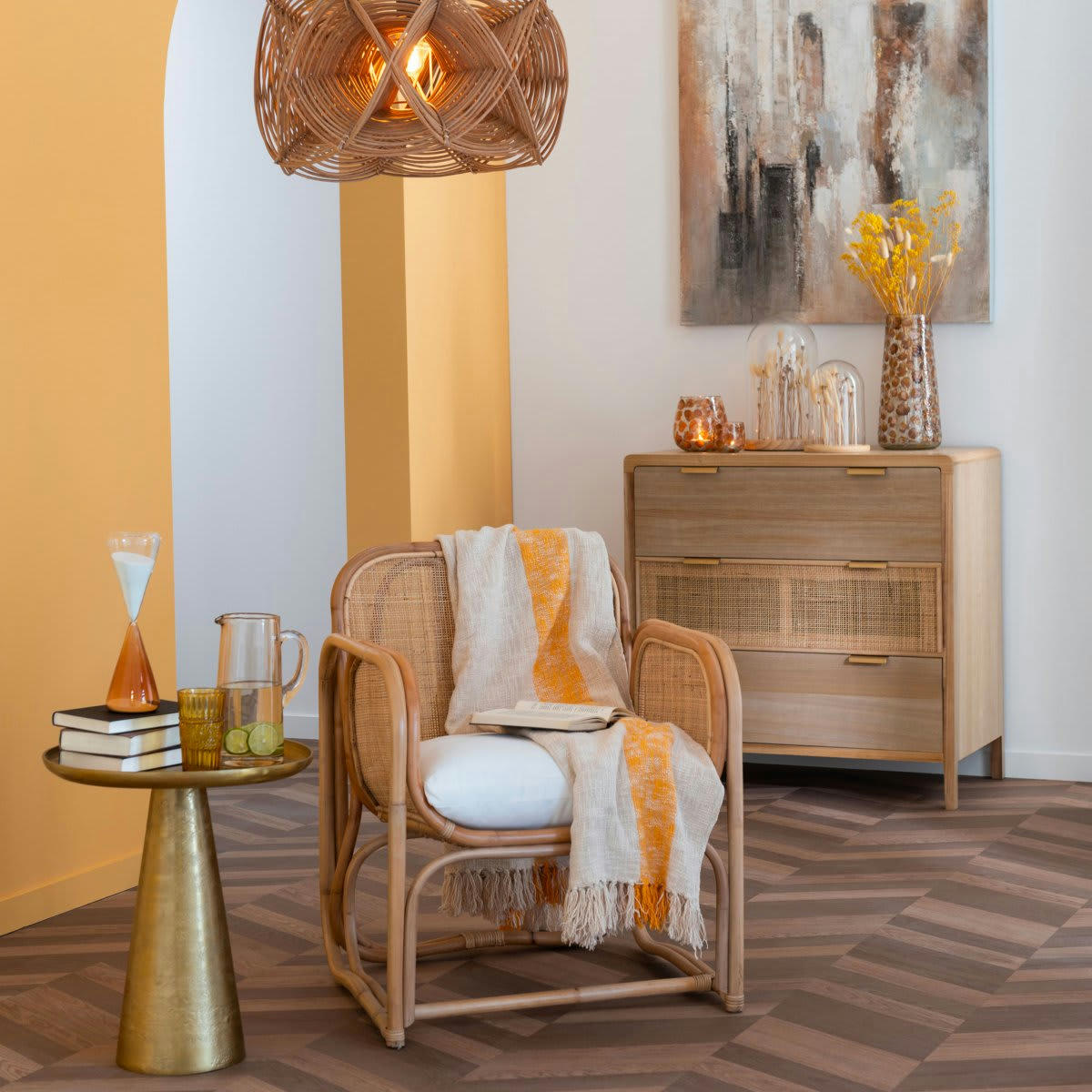 LONDRES - Fauteuil en rotin avec coussin beige