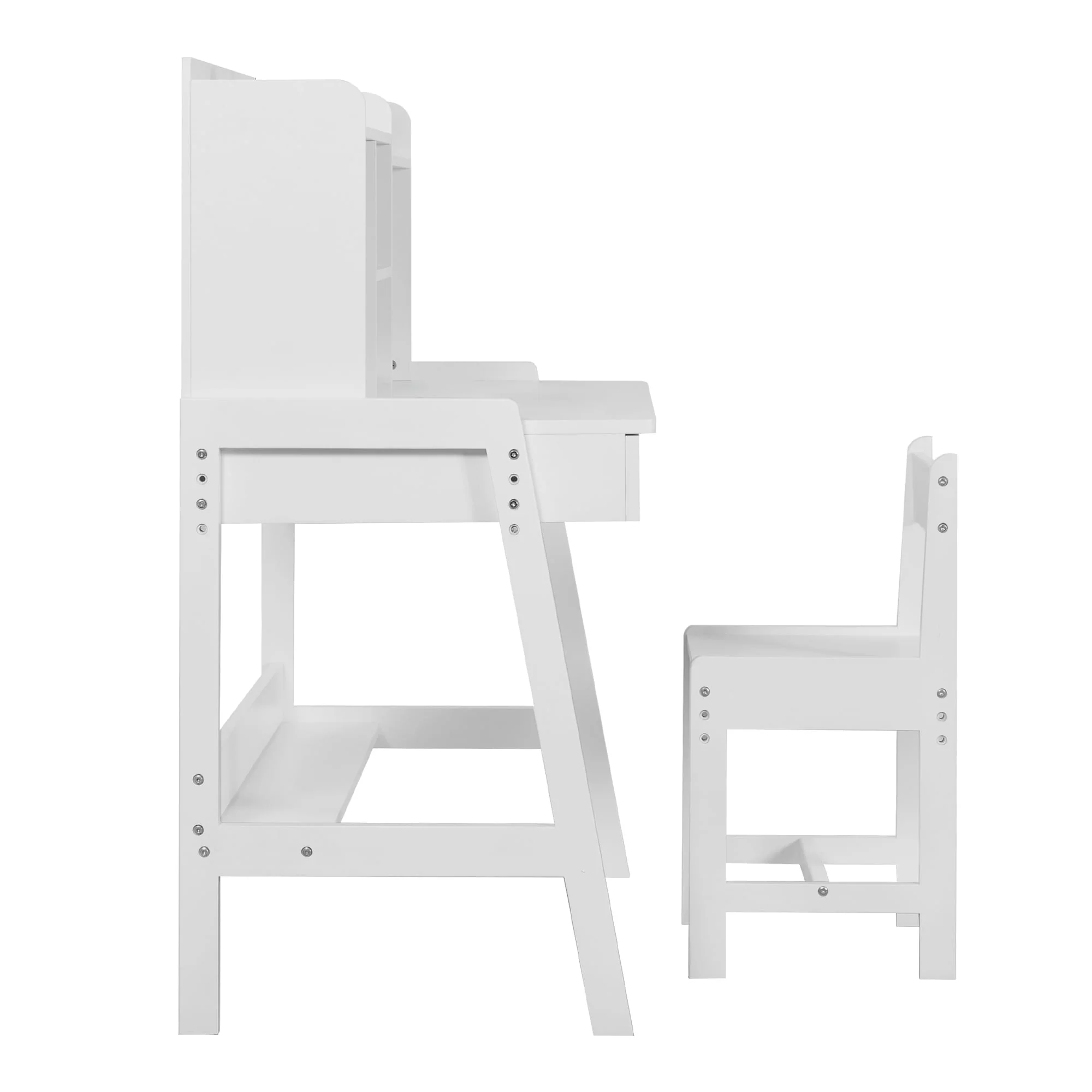 Solid Wood Classic Children's Desk and Chair Set, White, with Bookshelf and Drawers, Compact Multi-Storage, Safe Design