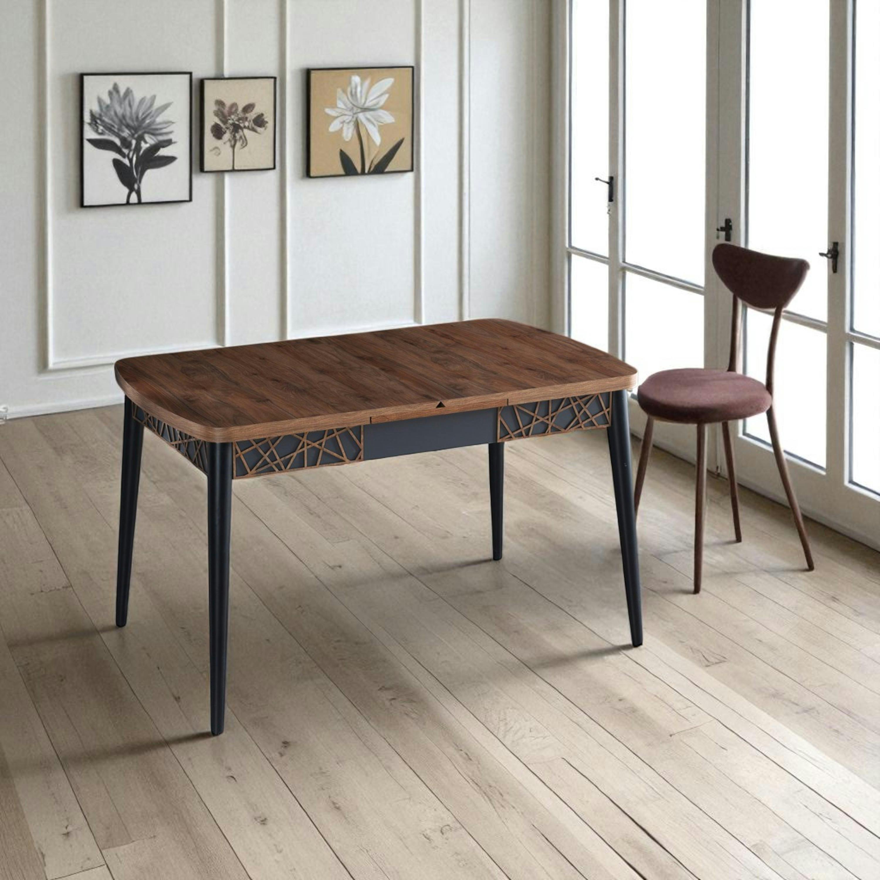 Table extensible effet noyer, pieds noirs 132-170 cm LUNOR