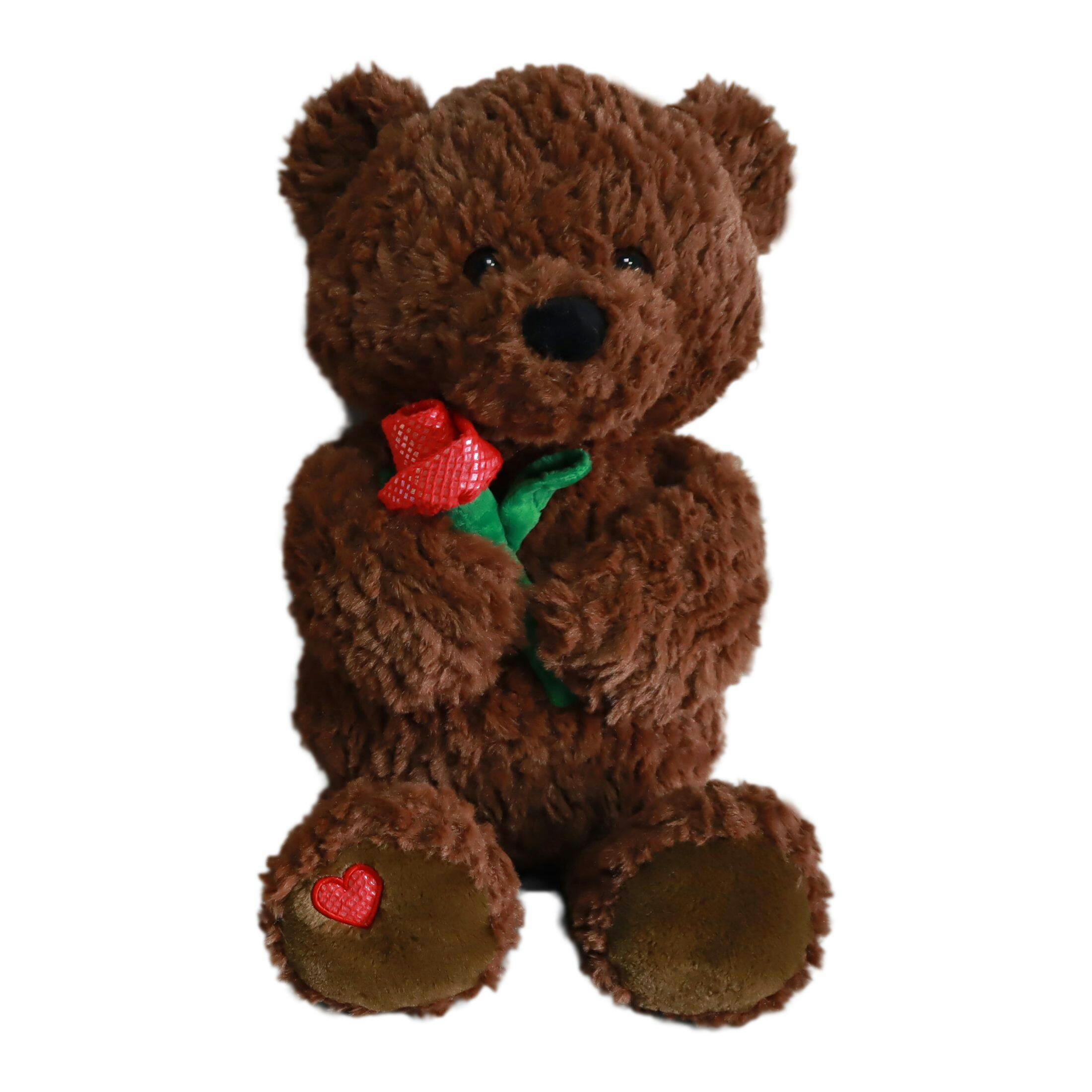 Valentines Plush Brown Bear with Flower, 14-in