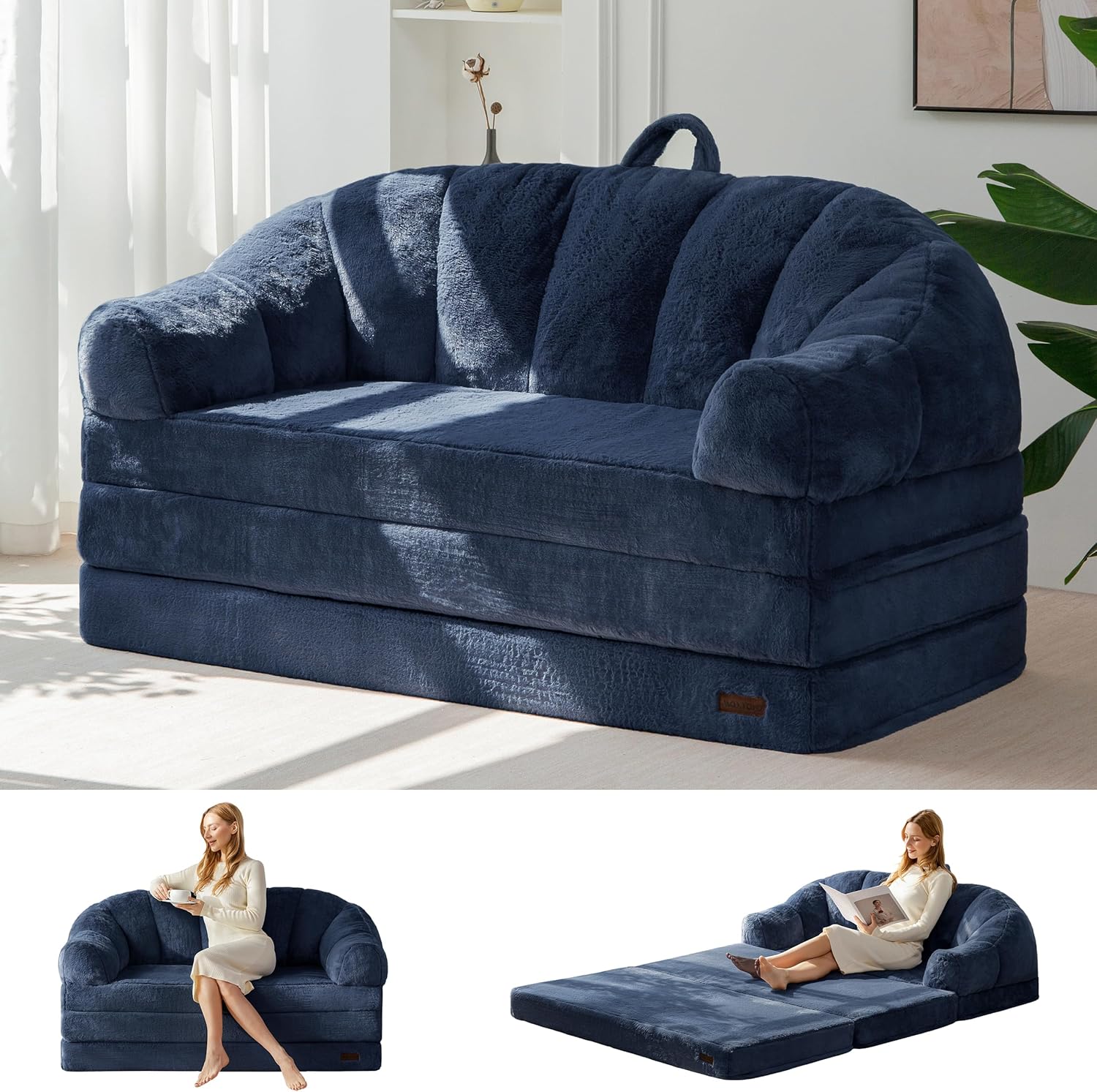 MAXYOYO Folding Sofa Bed, 2 in 1 Convertible Sofa to Lounger Comfy Loveseat Bean Bag Chair for Adults, Floor Sleeper Couch with Handle, Faux Fur Couch Bed for Living Room Bedroom, Navy, Loveseat