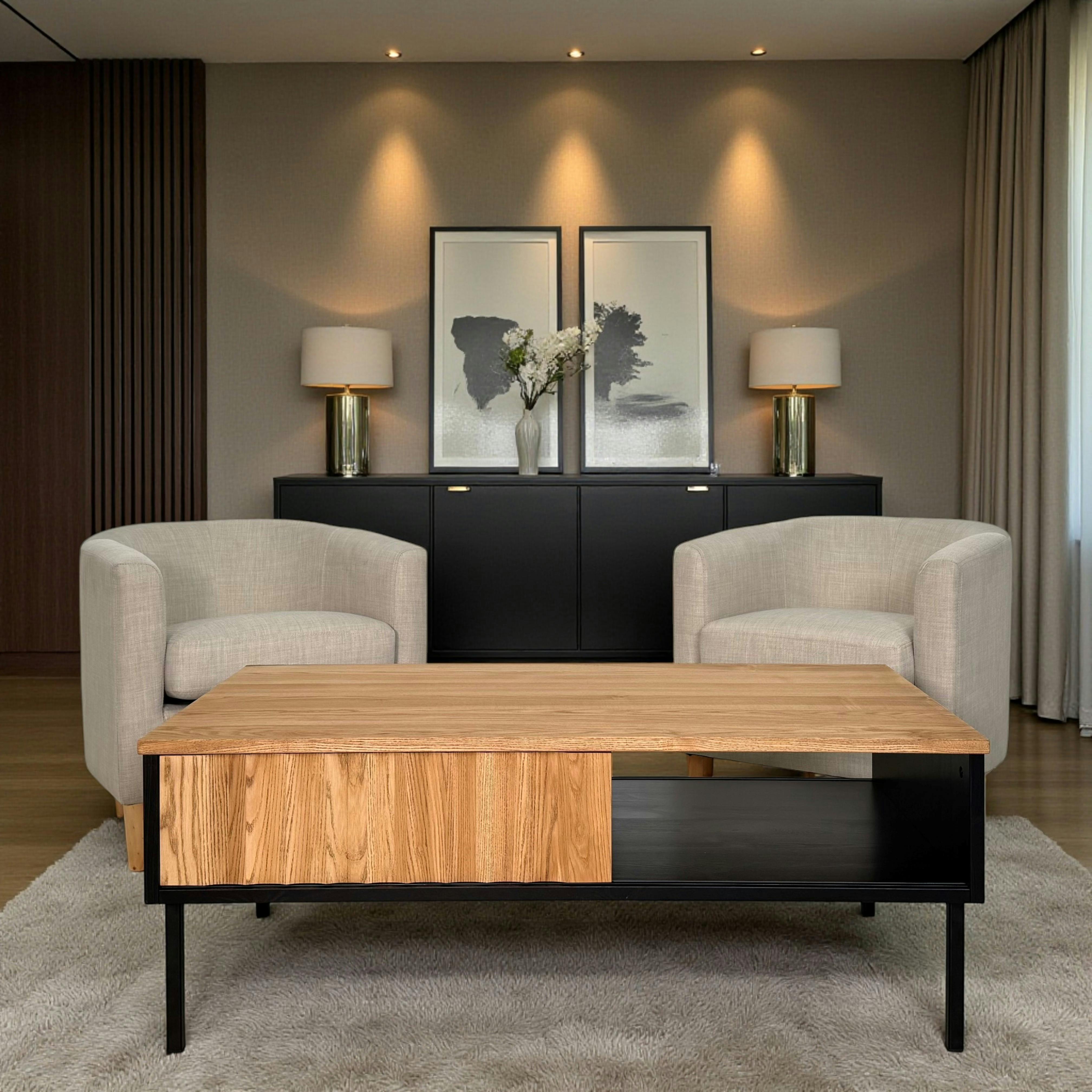 Table basse en bois bicolore avec façade ondulée TARAN