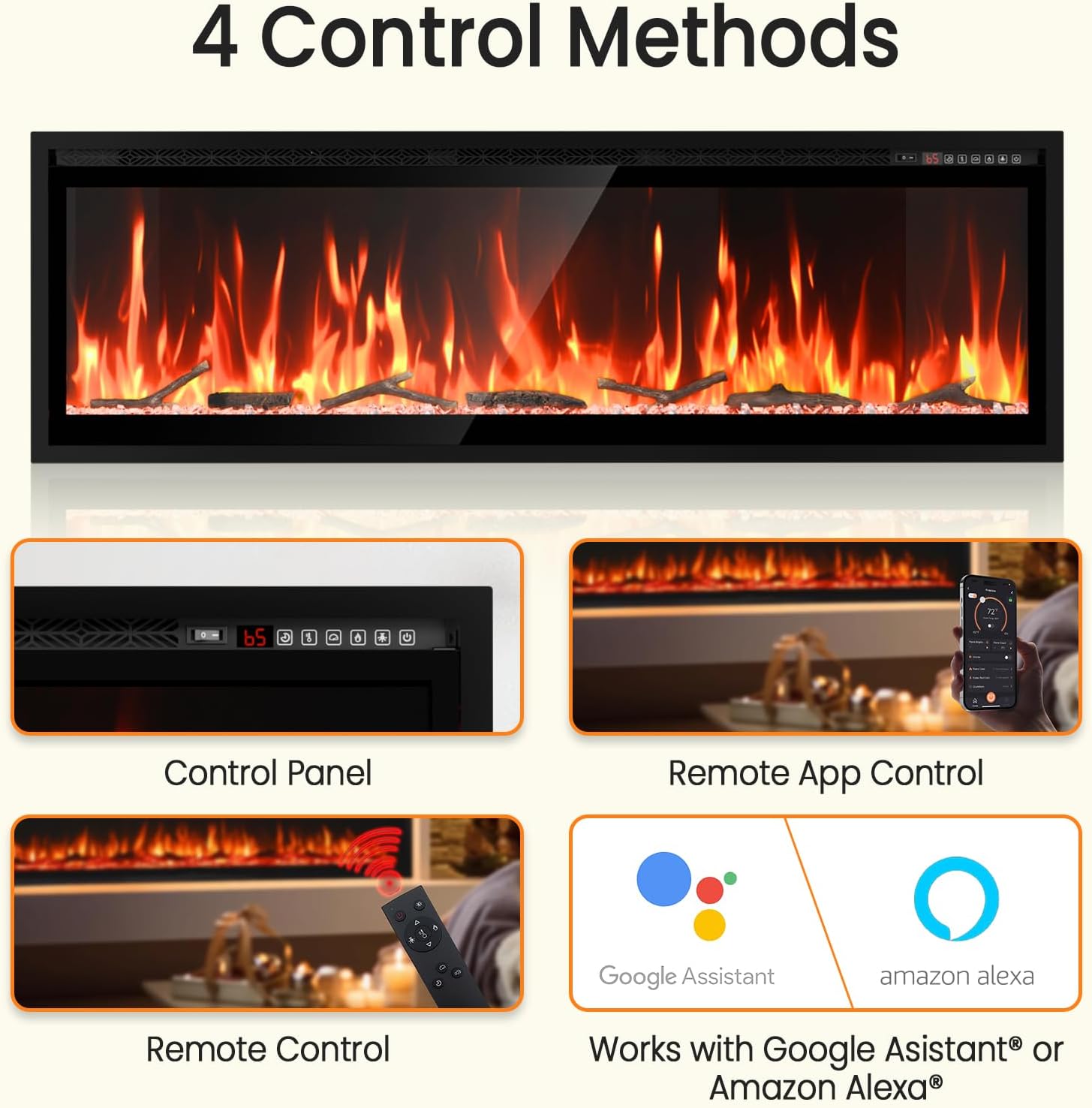 60” Smart Electric Fireplace with Voice Control, Realistic Flame, Crackling Sound, Wall Mounted or Recessed Fireplace Insert, App/Remote Control, Logs & Crystals Included for Living Room, Bedroom