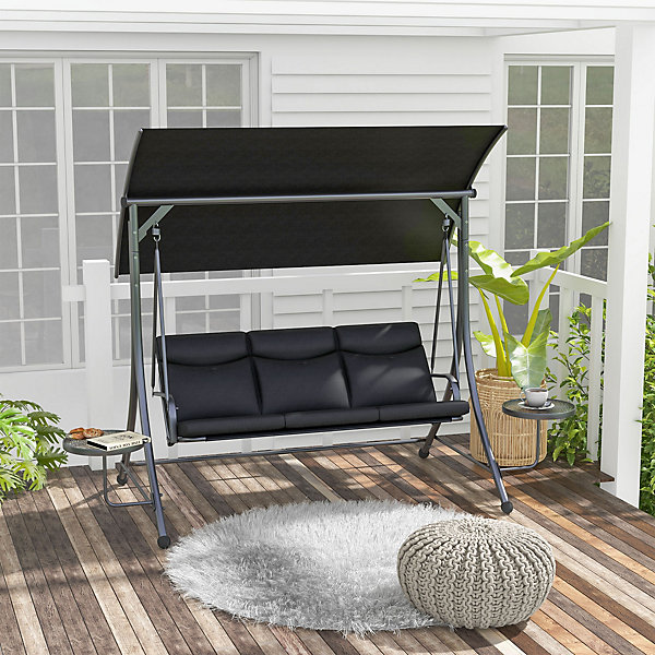 Balancelle de jardin 3 places avec table basse et toit pare-soleil réglable, charge 300 kg, 271 x 125 x177 cm, noire