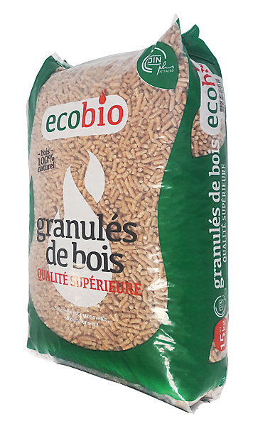 Granulés bois Ecobio sac de 15kg, 100% naturel, DINplus, faible cendre, haute performance