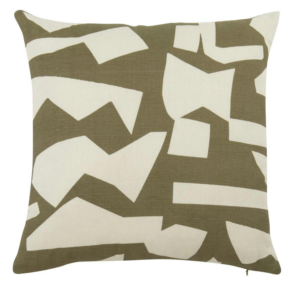 - Housse de coussin en lin et en coton écrue et vert kaki, 40x40