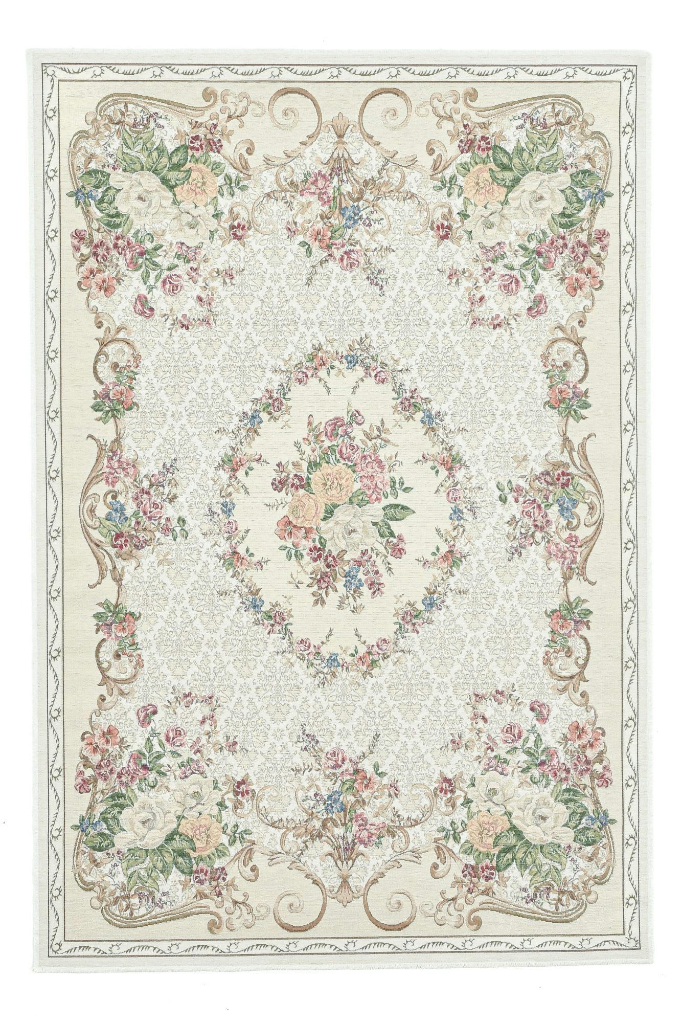FLOMI - Tapis aubusson floral tissé plat - beige 80x150 cm