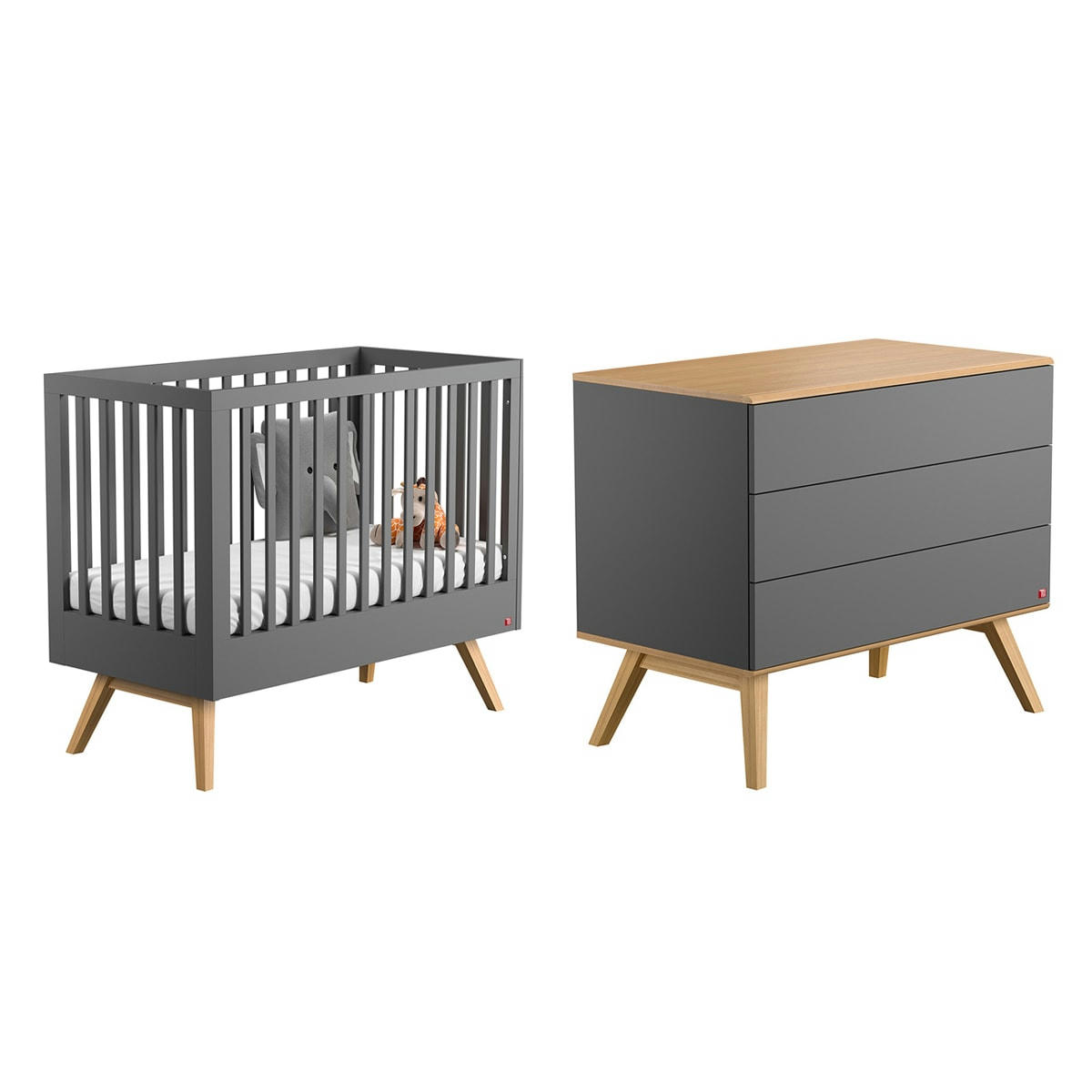 DUO - NATURE - Lit bébé 60x120 commode à langer gris