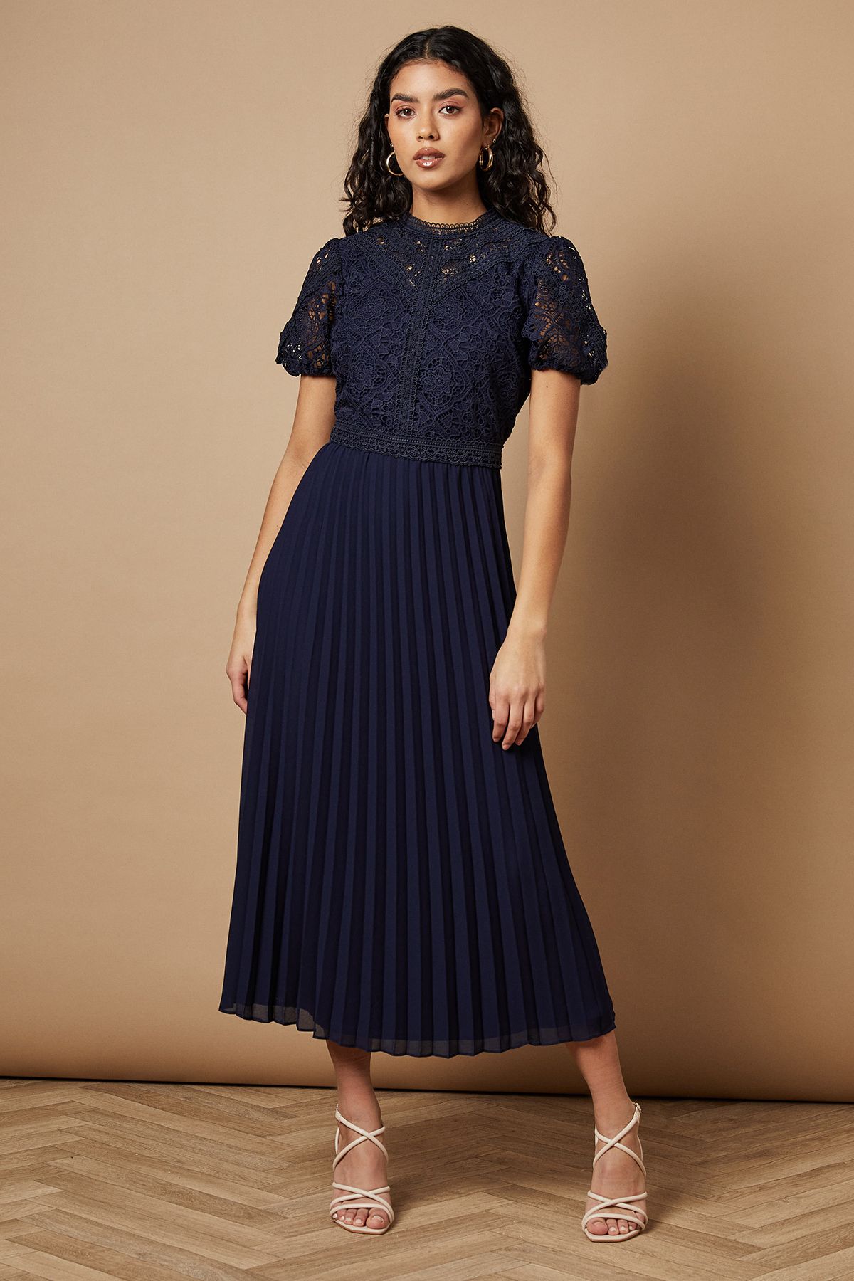Oasis Petite Lace Puff Sleeve Pleated Midi Dress