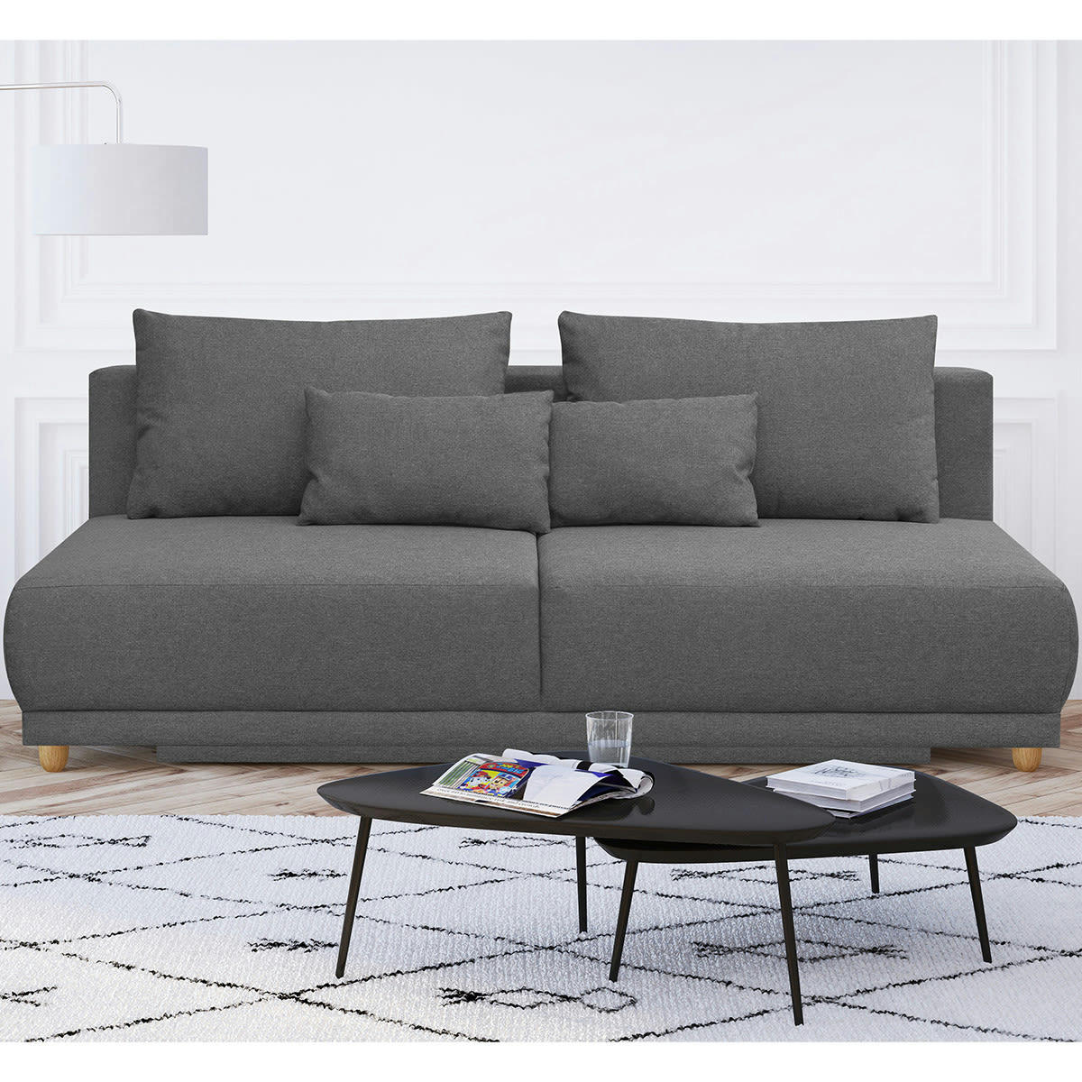 ELIA - Canapé convertible 3 places avec coffre de rangement en tissu gris