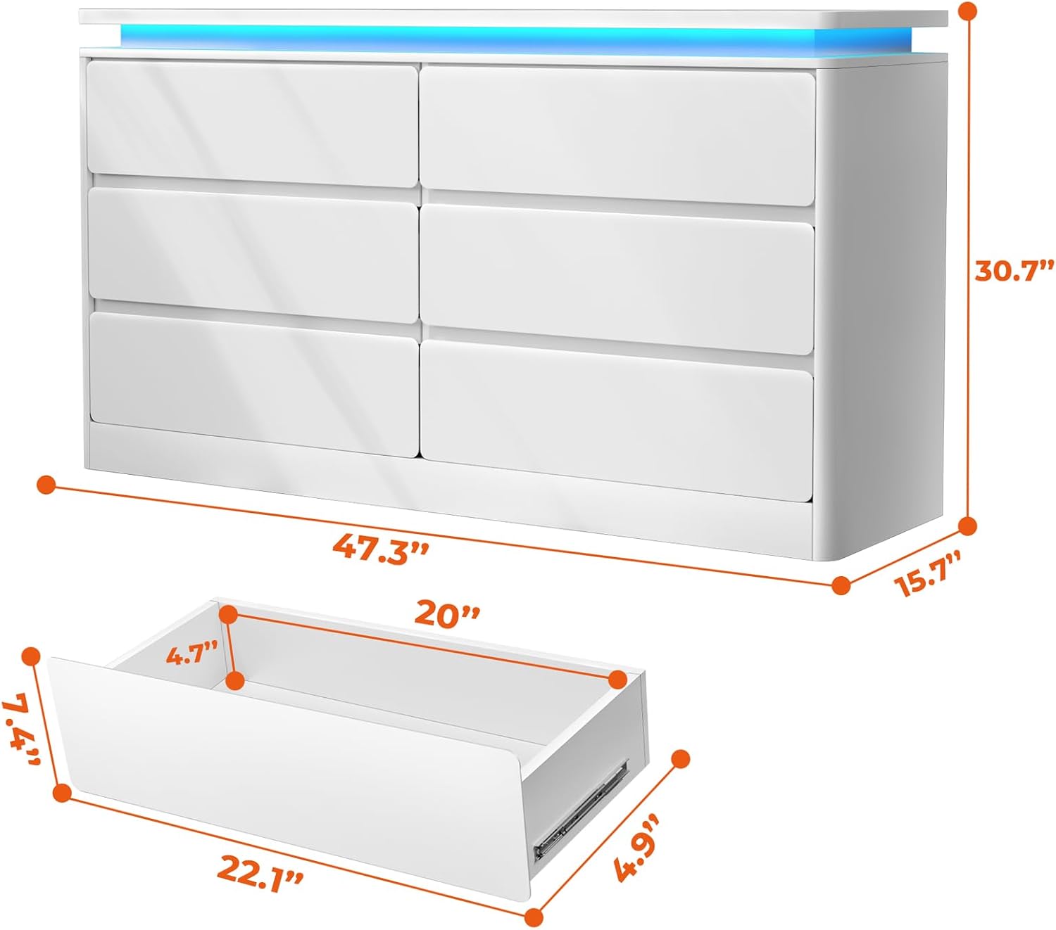 6 Drawer Dresser for Bedroom, 47.2 Long White Chest of Drawers with Charging Station & LED Lights,Curved Profile Design,Double Wooden Closet Storage Cabinet,Modern Dresser TV Stand with Deep Drawers