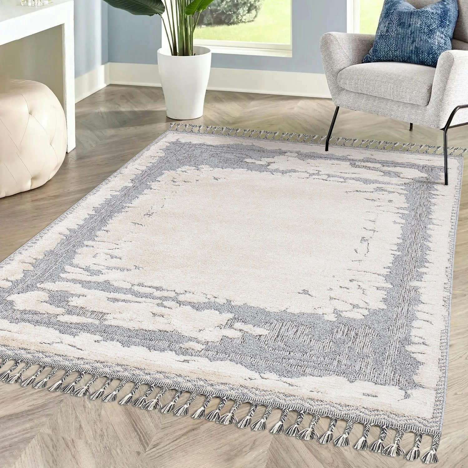 BOHOUSE - Tapis bohème chic à franges tressées crème et gris 80x150cm