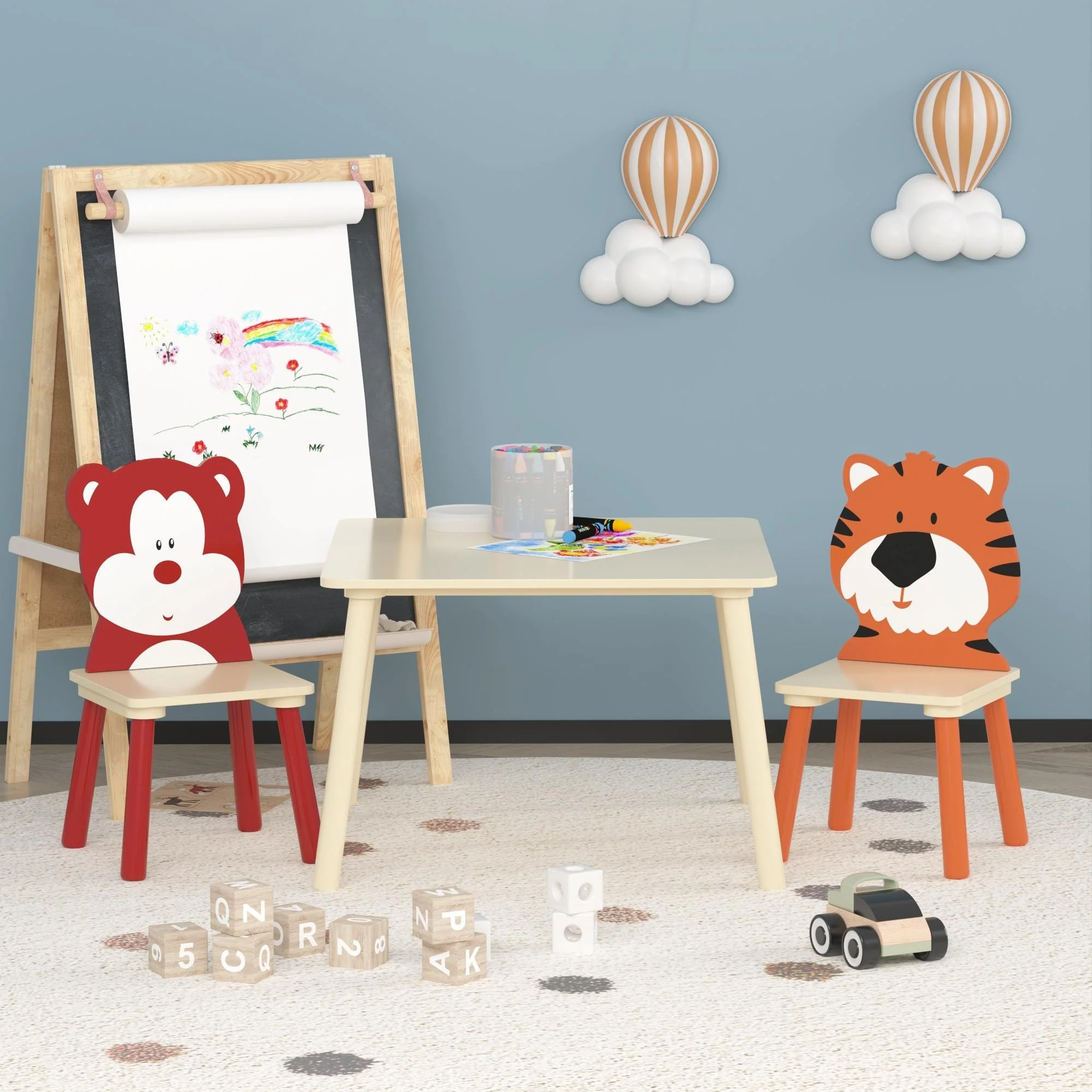 3 Piece Kiddy Table and Chair Set,Kids Wood Table with 2Chairs Set Cartoon Animals (bigger table) (3-8 years old)