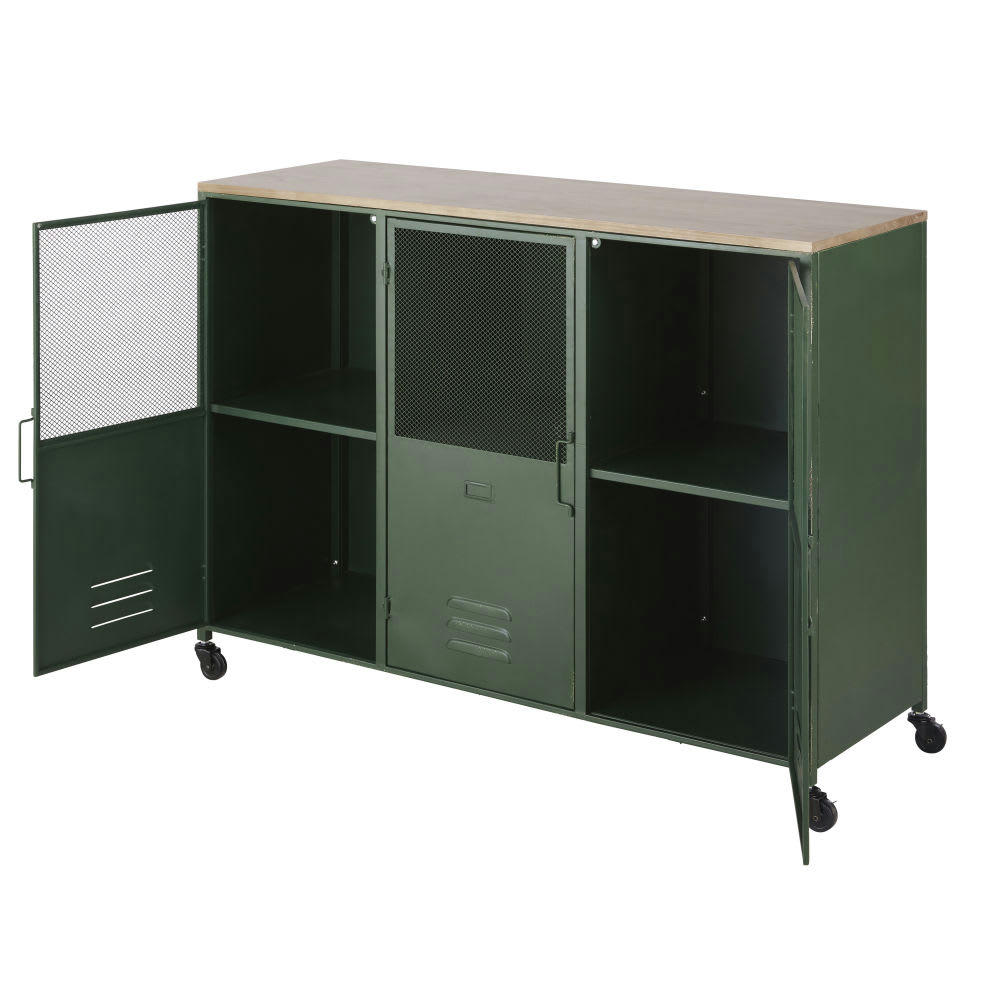 Chilham - Buffet style industriel 3 portes en bois de sapin et métal vert à roulettes