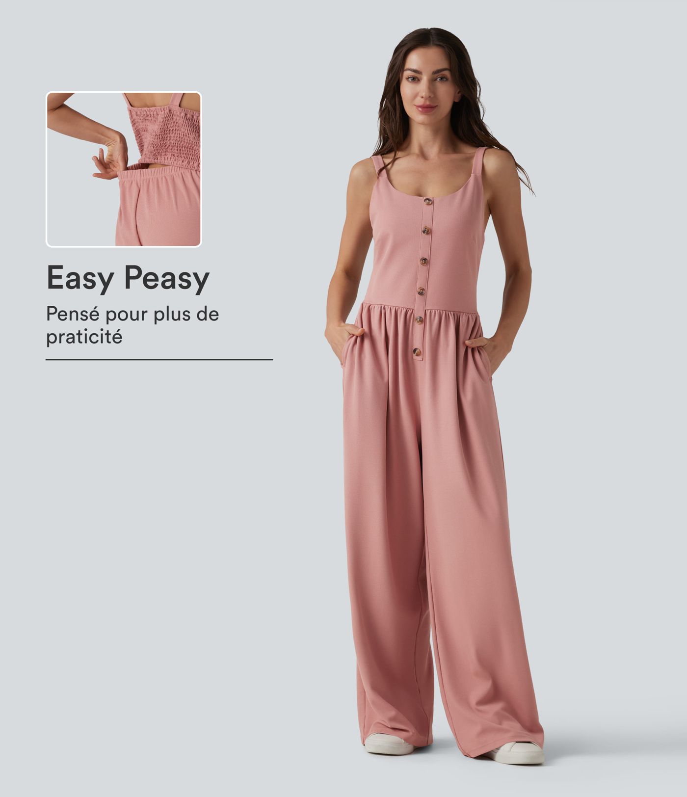 Combinaison casual large en tissu gaufré col U sans manches avec fronces, boutons décoratifs et poches — Easy Peasy